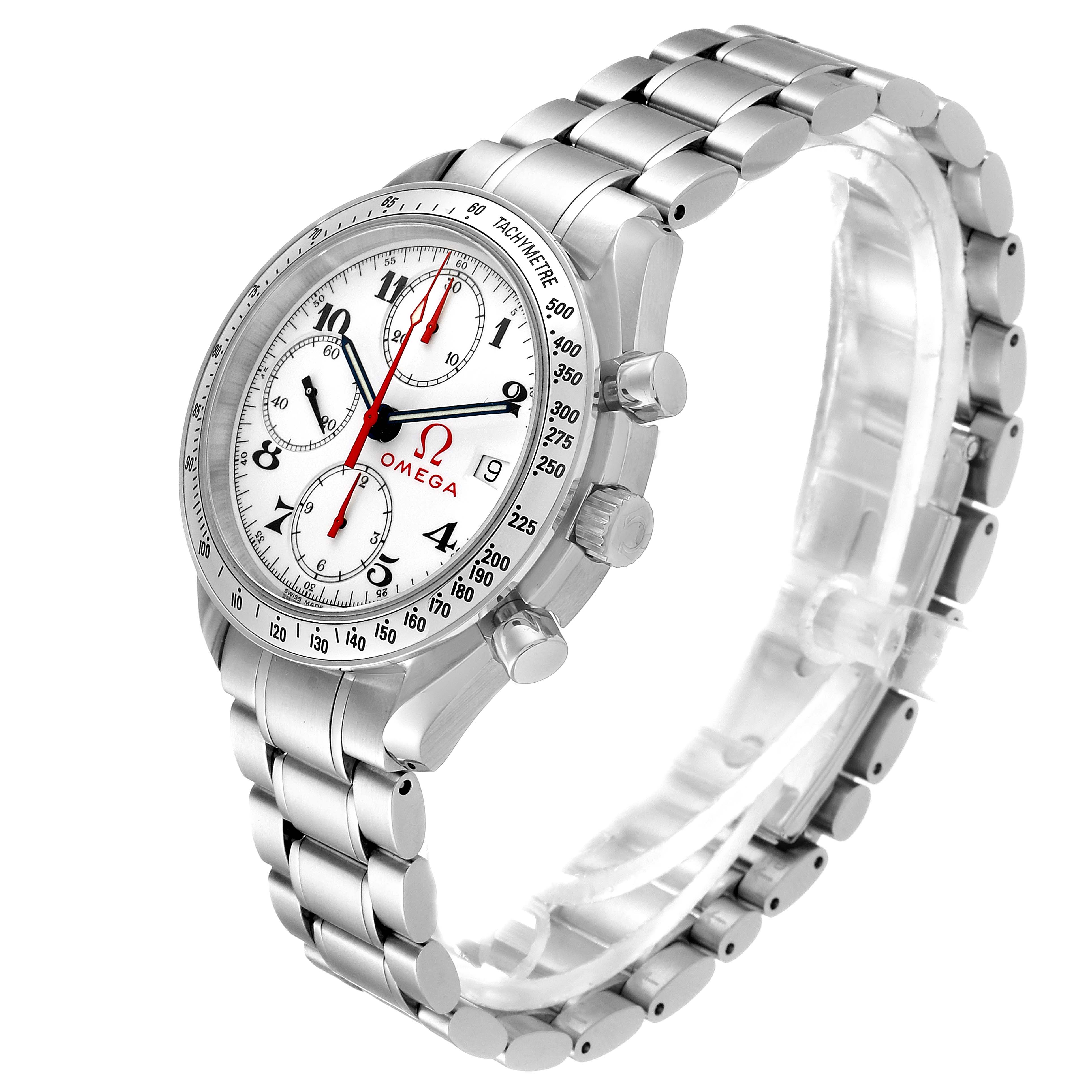 The image shows an angled side view of the Omega Speedmaster 3515.20.00 Men
s Stainless Steel White Dial 3515.20.00 Men
s Stainless Steel White Dial watch, displaying the face, bezel, crown, pushers, and metal bracelet.