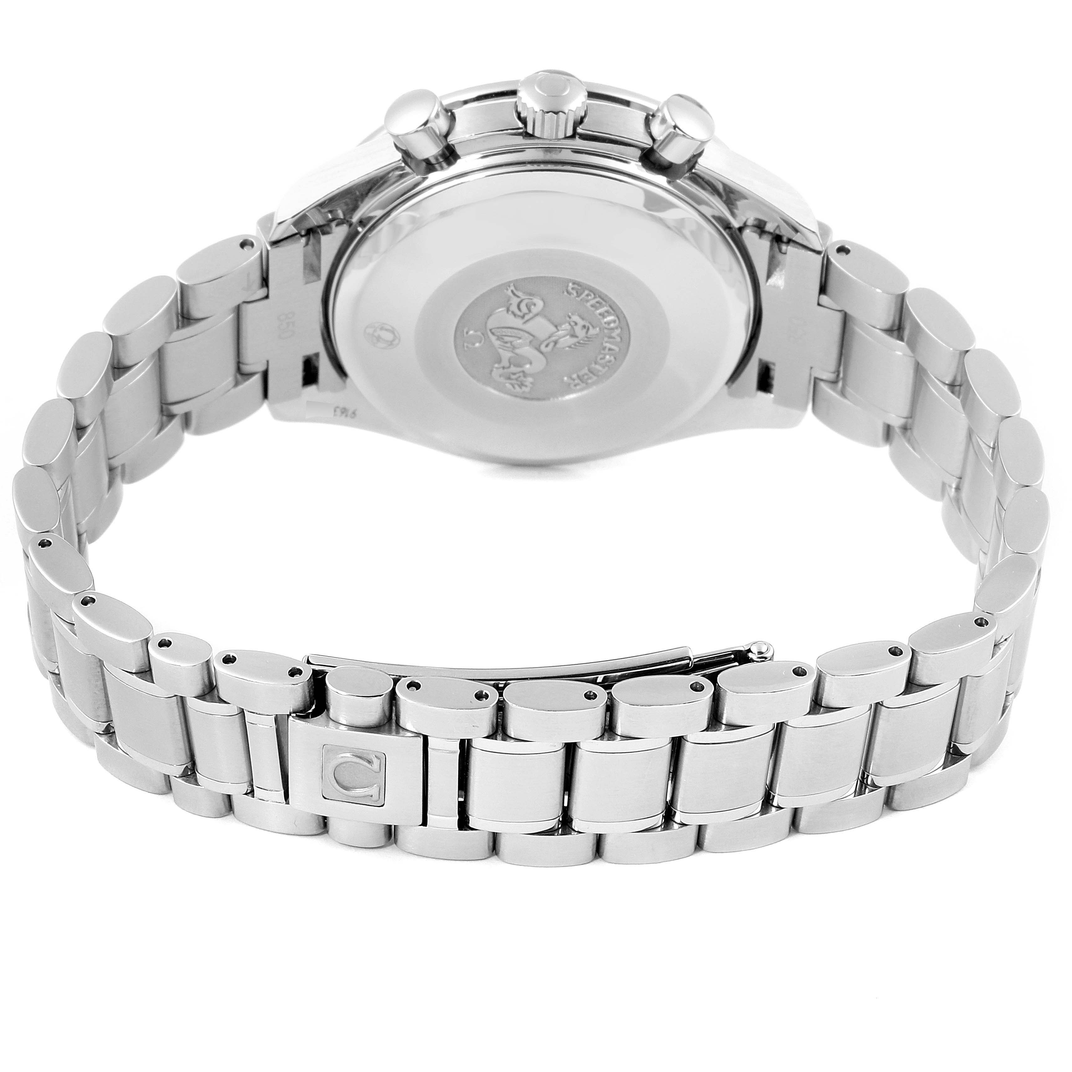 The image shows the back and bracelet of an Omega Speedmaster 3515.20.00 Men
s Stainless Steel White Dial 3515.20.00 Men
s Stainless Steel White Dial watch, displaying the case back and metal link bracelet with clasp.