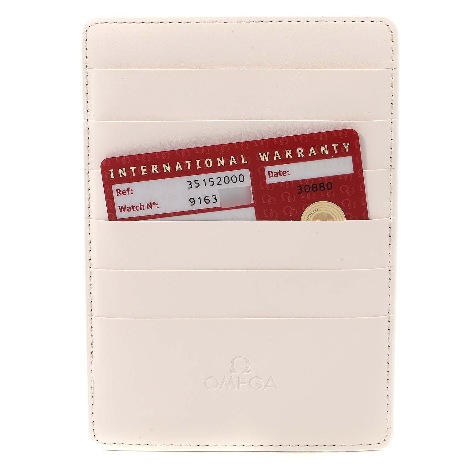 The image shows an Omega Speedmaster 3515.20.00 Men
s Stainless Steel White Dial 3515.20.00 Men
s Stainless Steel White Dial warranty card in a white cardholder.