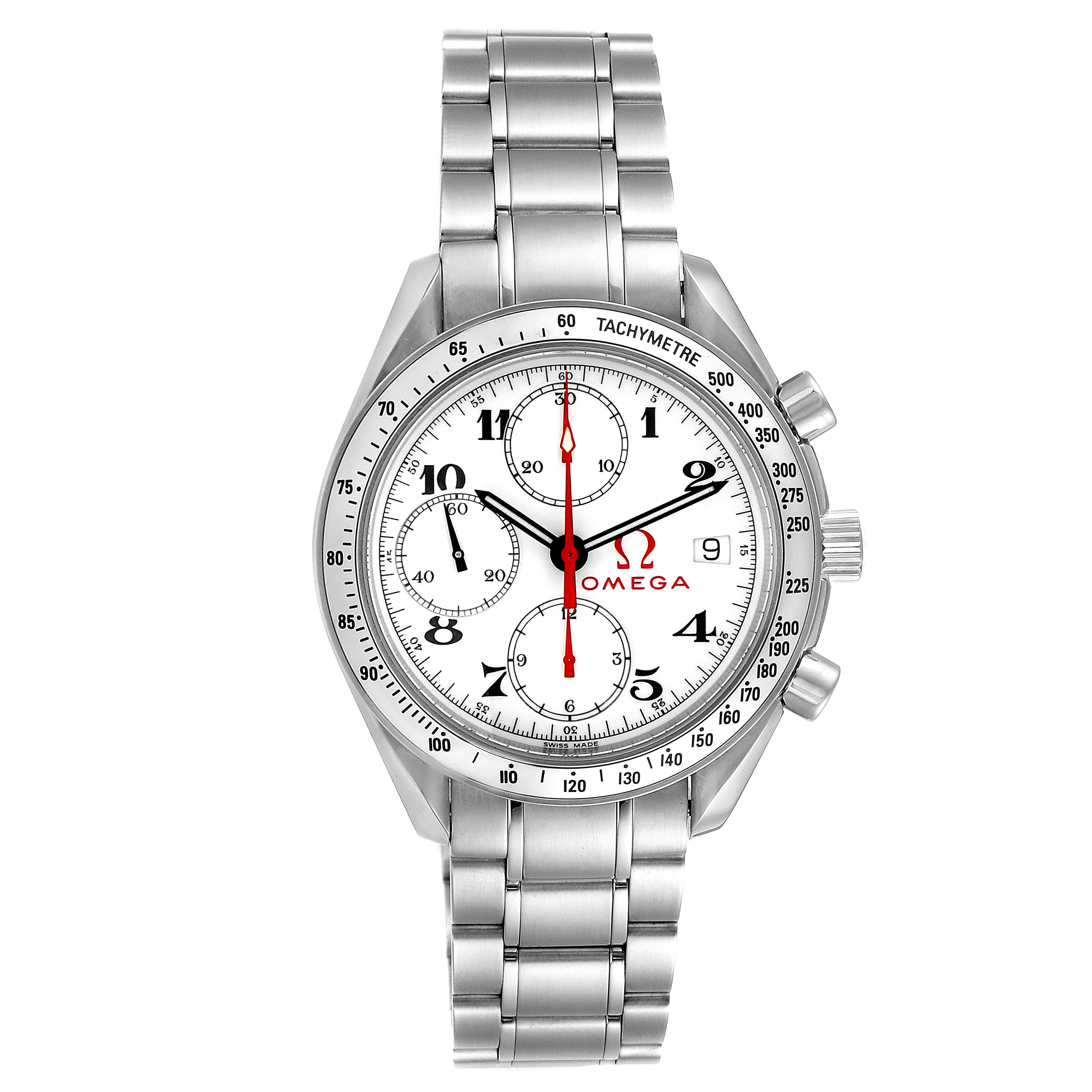 This is a front view of an Omega Speedmaster 3515.20.00 Men
s Stainless Steel White Dial 3515.20.00 Men
s Stainless Steel White Dial watch displaying the face, bezel, bracelet, and crown.