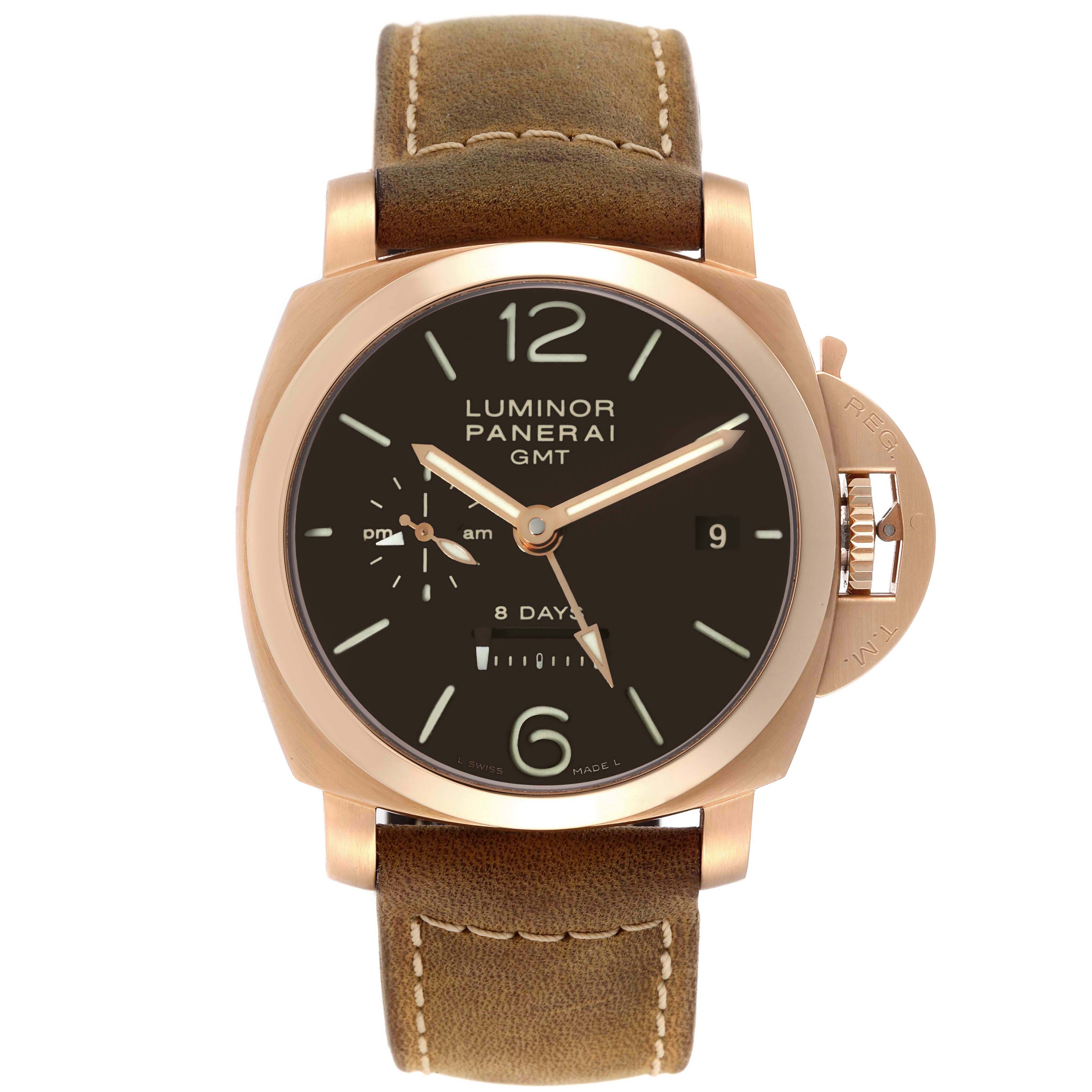 The image shows a front view of a Panerai Luminor PAM00289 Men's Rose Gold Black Dial PAM00289 Men's Rose Gold Black Dial GMT watch with a leather strap.