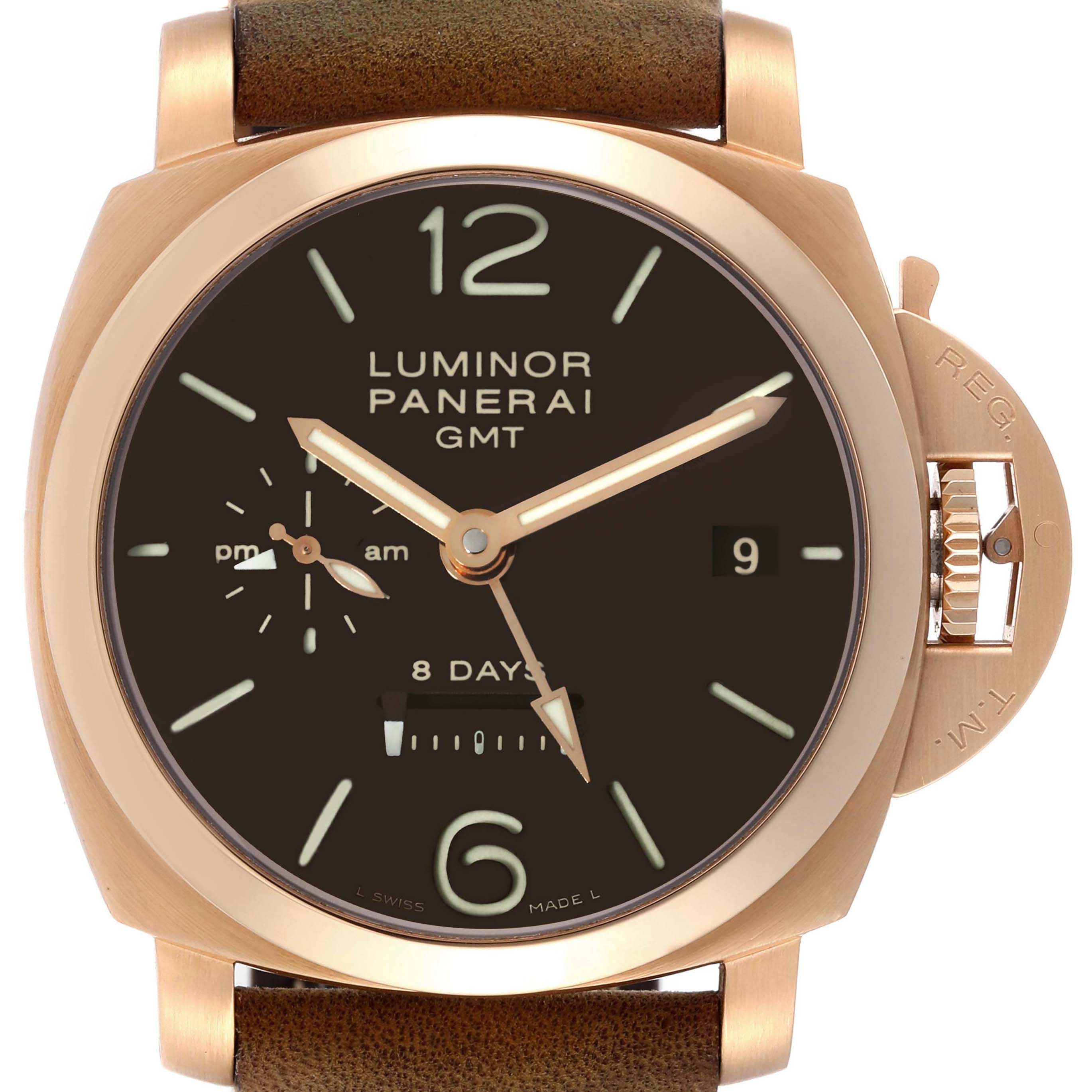 The image shows a front view of a Panerai Luminor PAM00289 Men's Rose Gold Black Dial PAM00289 Men's Rose Gold Black Dial GMT watch, highlighting its face, hands, and crown guard.