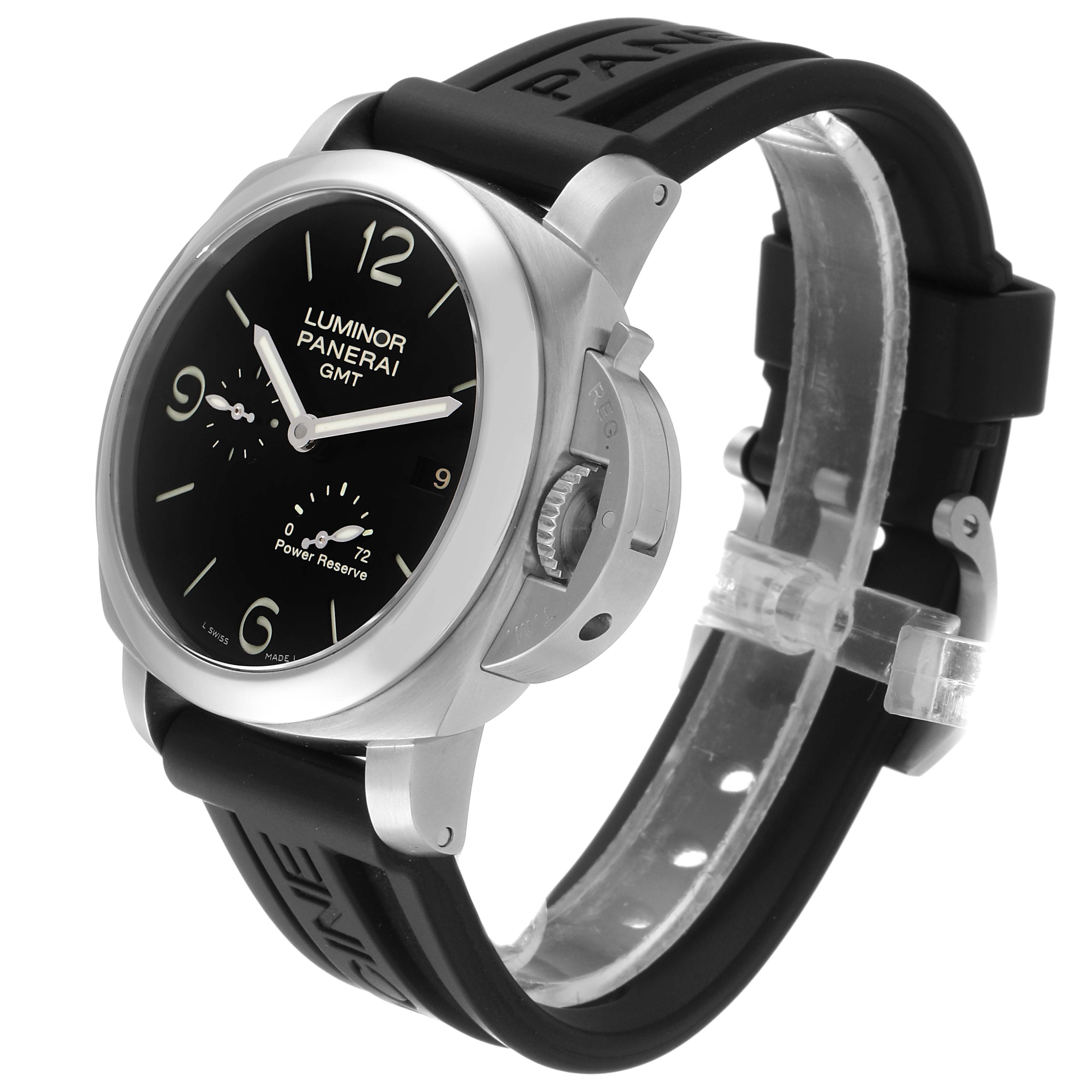 The image shows a Panerai Luminor PAM00321 Men's Stainless Steel Black Dial PAM00321 Men's Stainless Steel Black Dial watch at a three-quarter angle, highlighting the face, crown guard, and black strap.