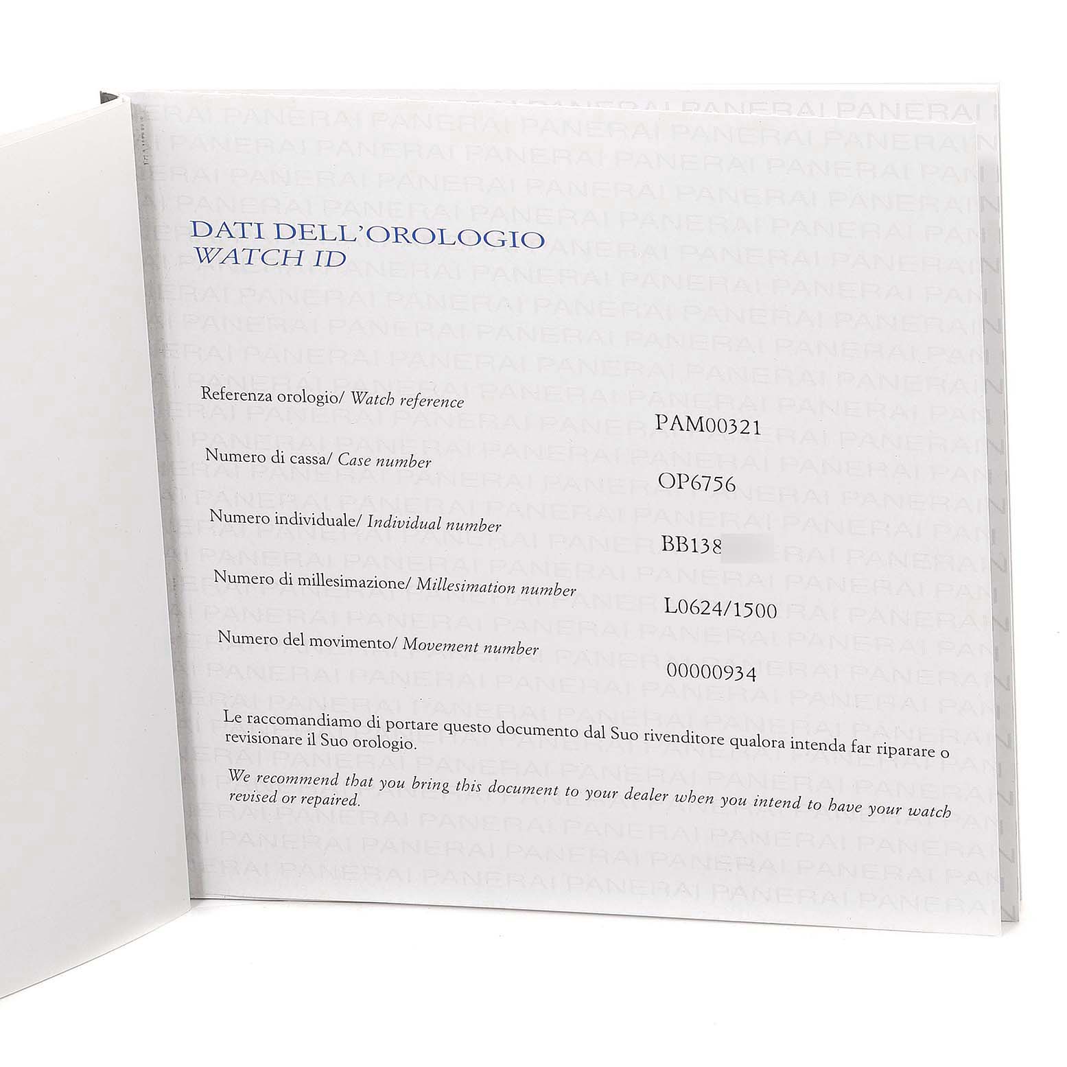 This image shows the watch ID card for the Panerai Luminor PAM00321 Men's Stainless Steel Black Dial PAM00321 Men's Stainless Steel Black Dial model, with details such as reference, case, and movement numbers.