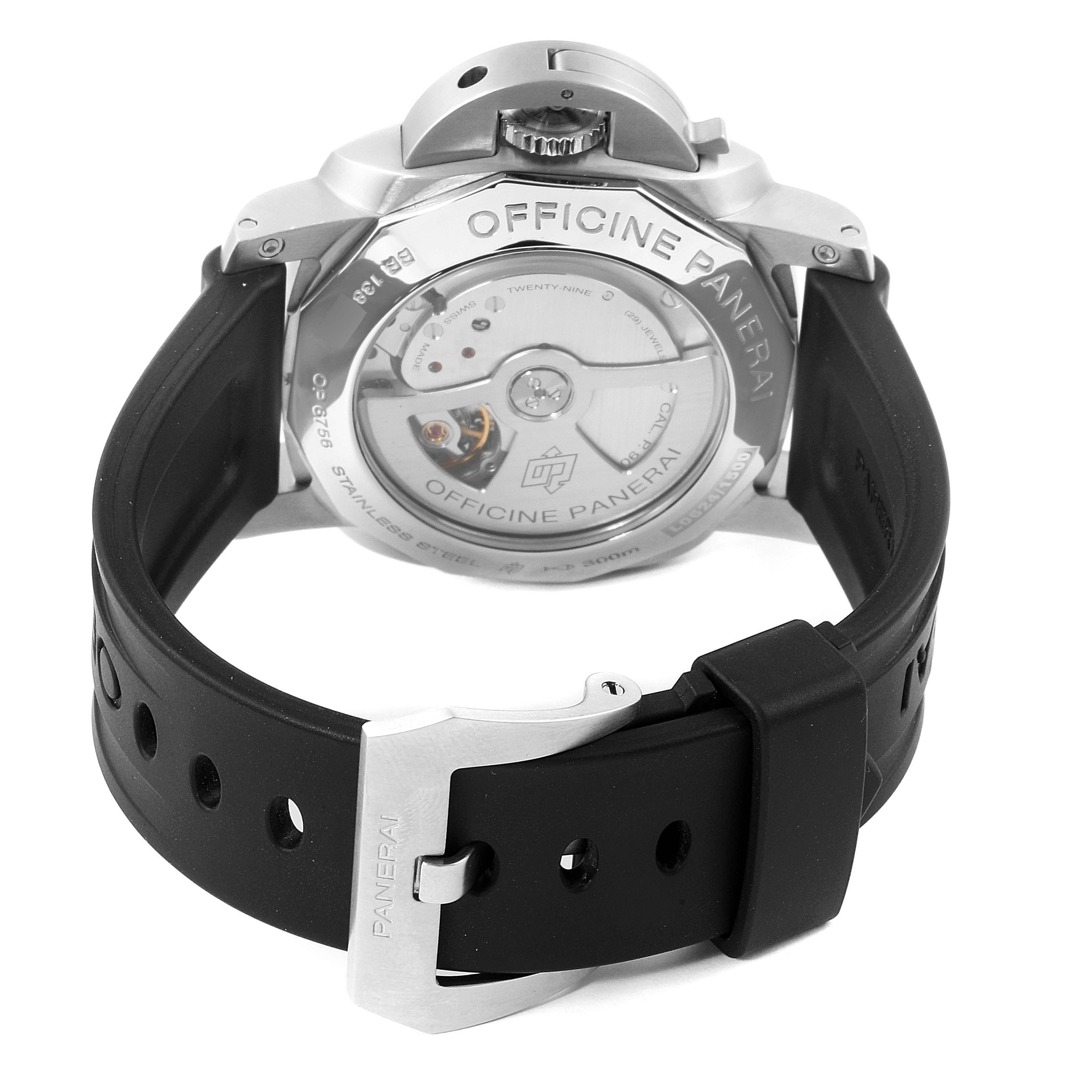 This image shows the back view of the Panerai Luminor PAM00321 Men's Stainless Steel Black Dial PAM00321 Men's Stainless Steel Black Dial watch, highlighting the transparent case back, strap, and buckle.