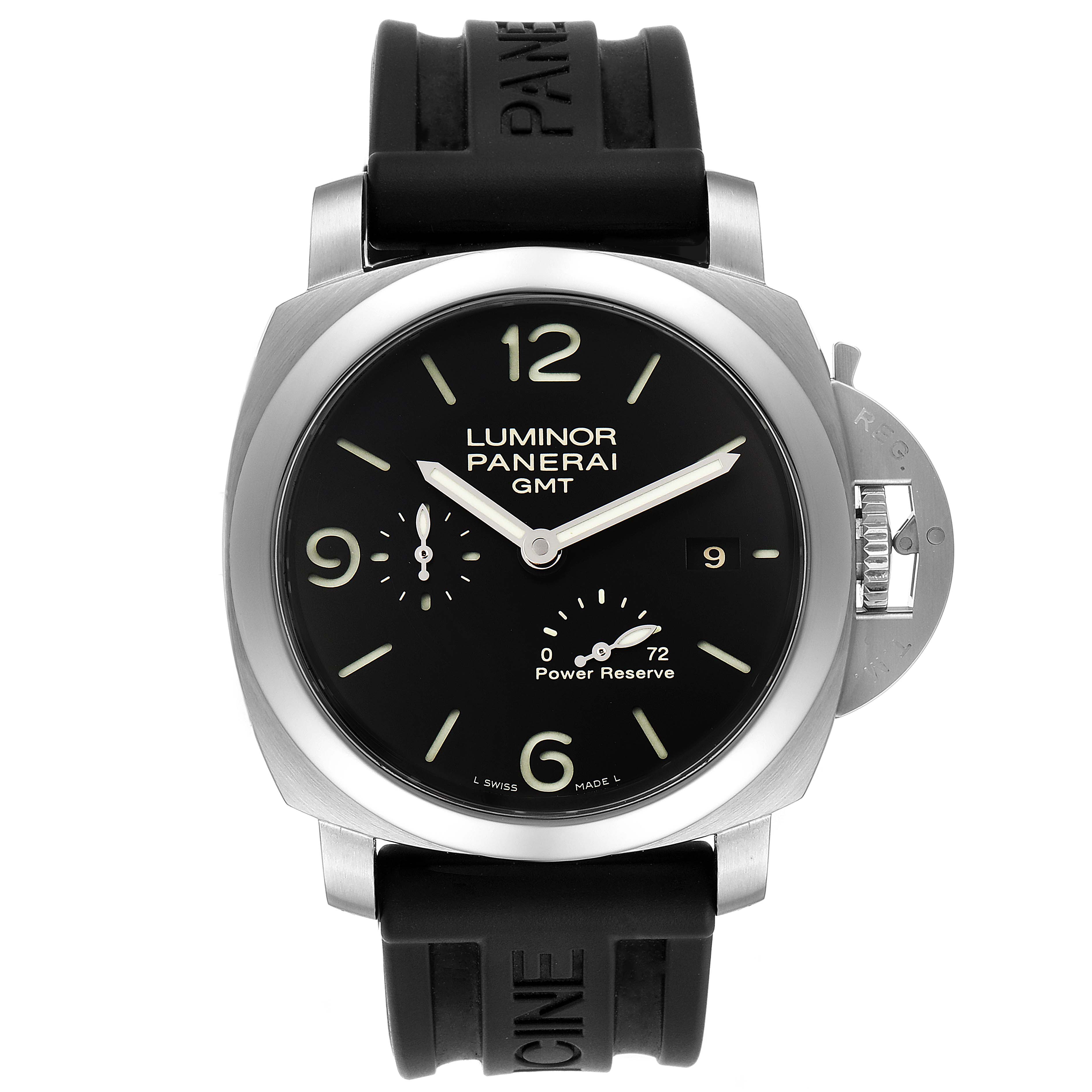 The image shows a front view of a Panerai Luminor PAM00321 Men's Stainless Steel Black Dial PAM00321 Men's Stainless Steel Black Dial GMT watch, highlighting the dial, strap, and crown protector.