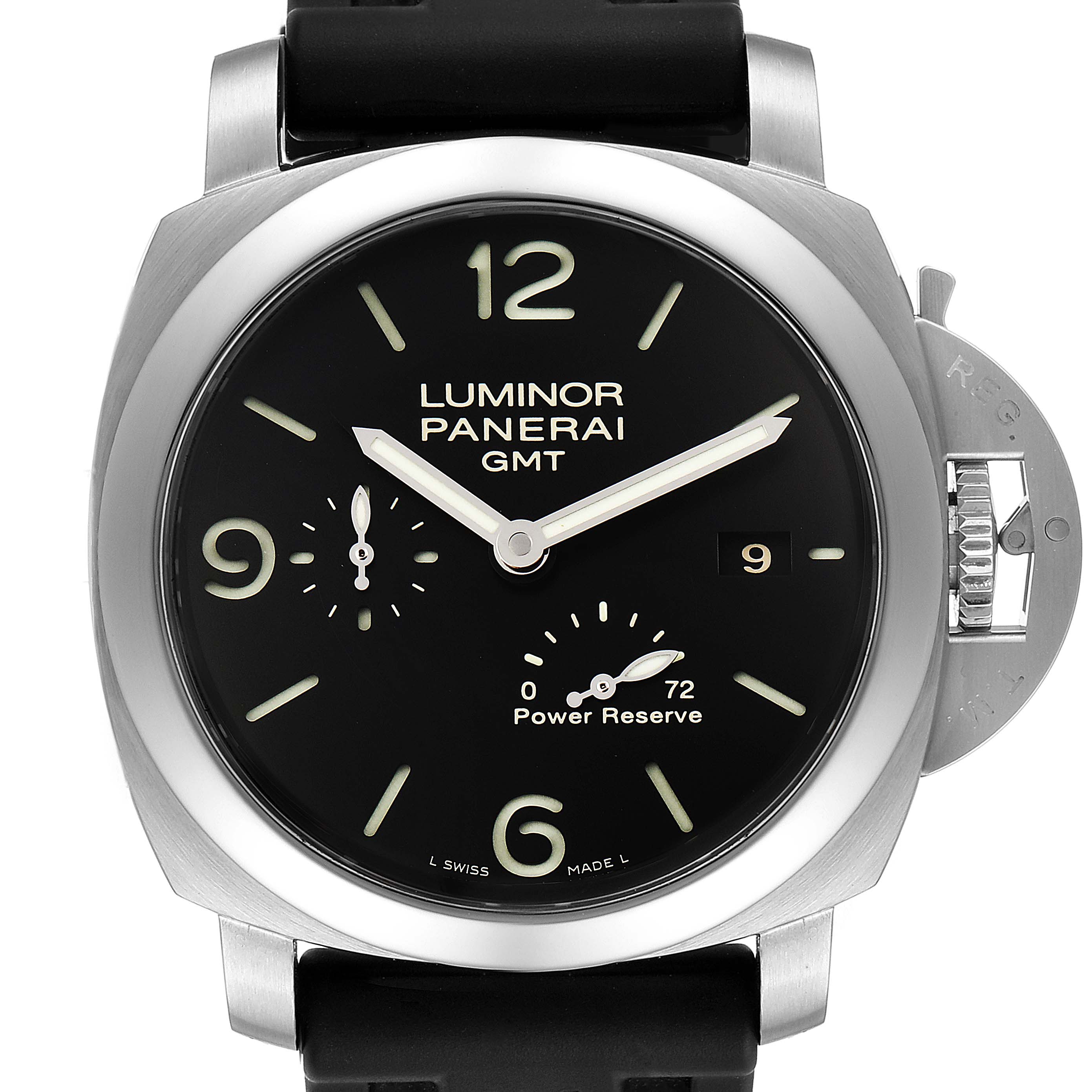 The image shows a front view of the Panerai Luminor PAM00321 Men's Stainless Steel Black Dial PAM00321 Men's Stainless Steel Black Dial GMT watch, highlighting its dial, hands, and crown guard.