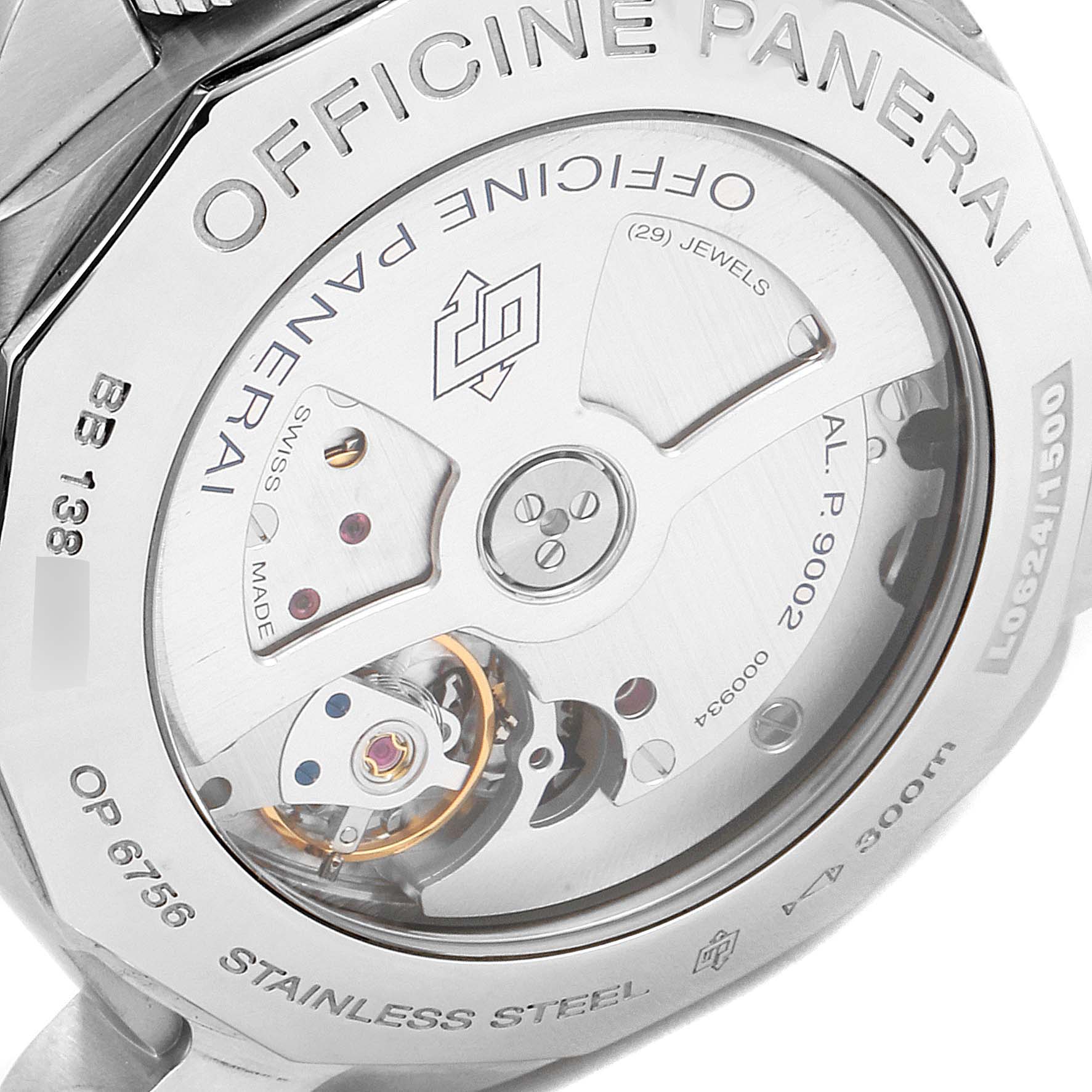 The image shows the back of a Panerai Luminor PAM00321 Men's Stainless Steel Black Dial PAM00321 Men's Stainless Steel Black Dial watch, highlighting the movement and inscriptions.