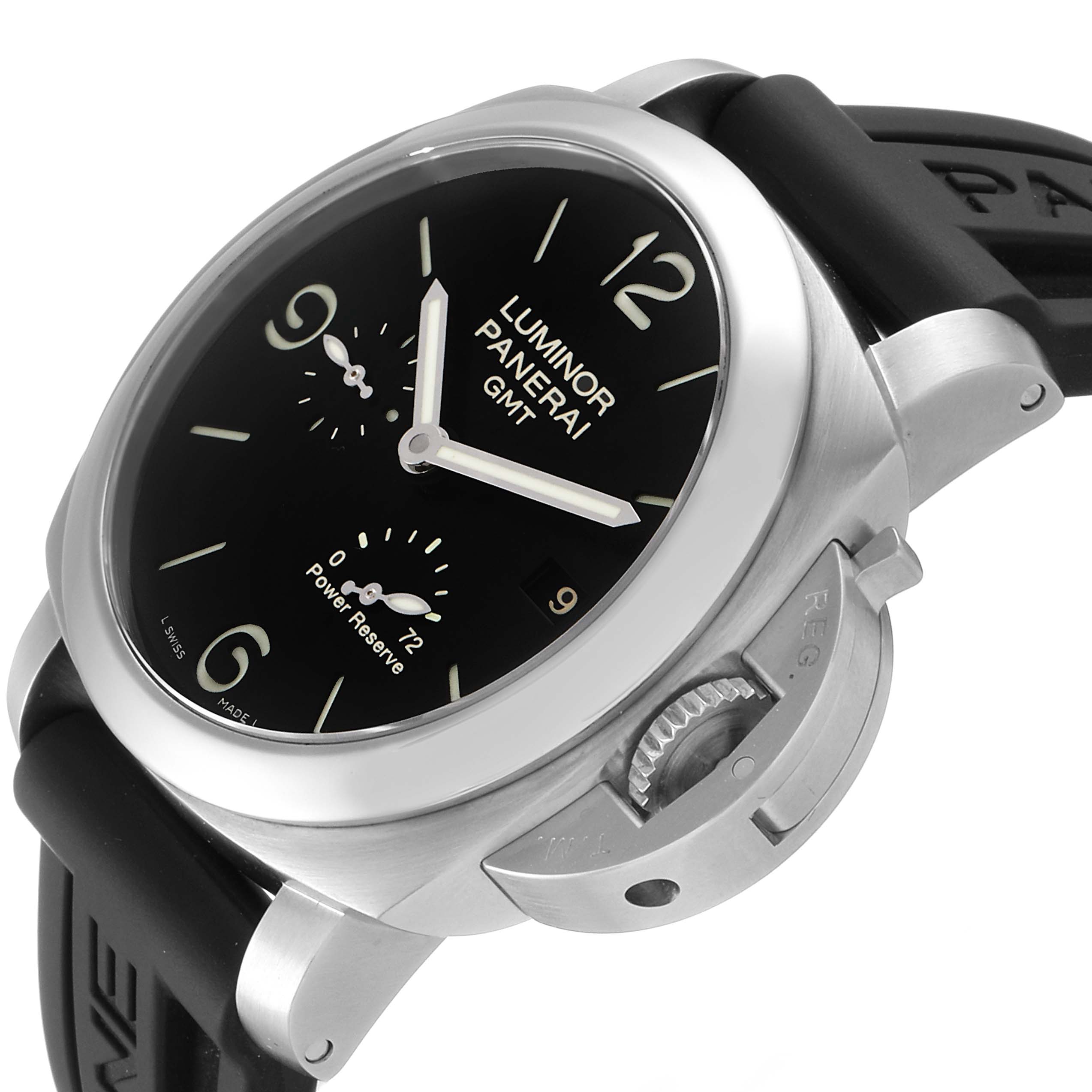 The image shows a Panerai Luminor PAM00321 Men's Stainless Steel Black Dial PAM00321 Men's Stainless Steel Black Dial GMT watch from an angled side view, highlighting the crown guard and rubber strap.