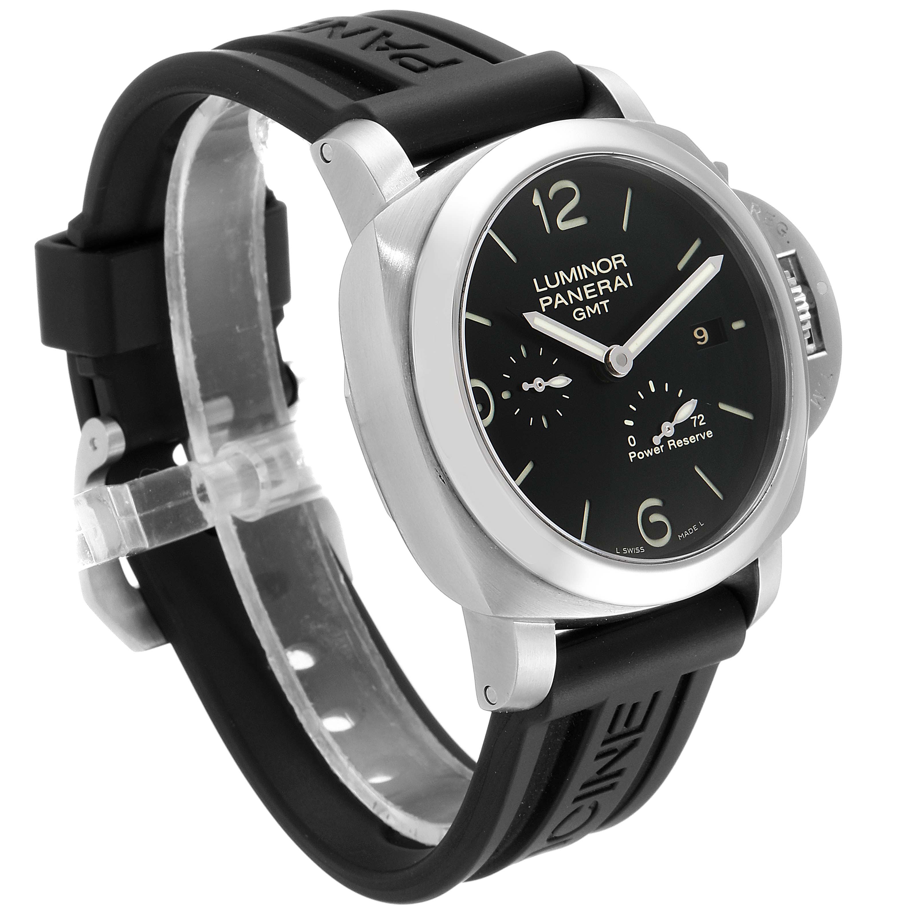 The Panerai Luminor PAM00321 Men's Stainless Steel Black Dial PAM00321 Men's Stainless Steel Black Dial watch is shown at a three-quarter angle, highlighting the face, strap, and crown guard.