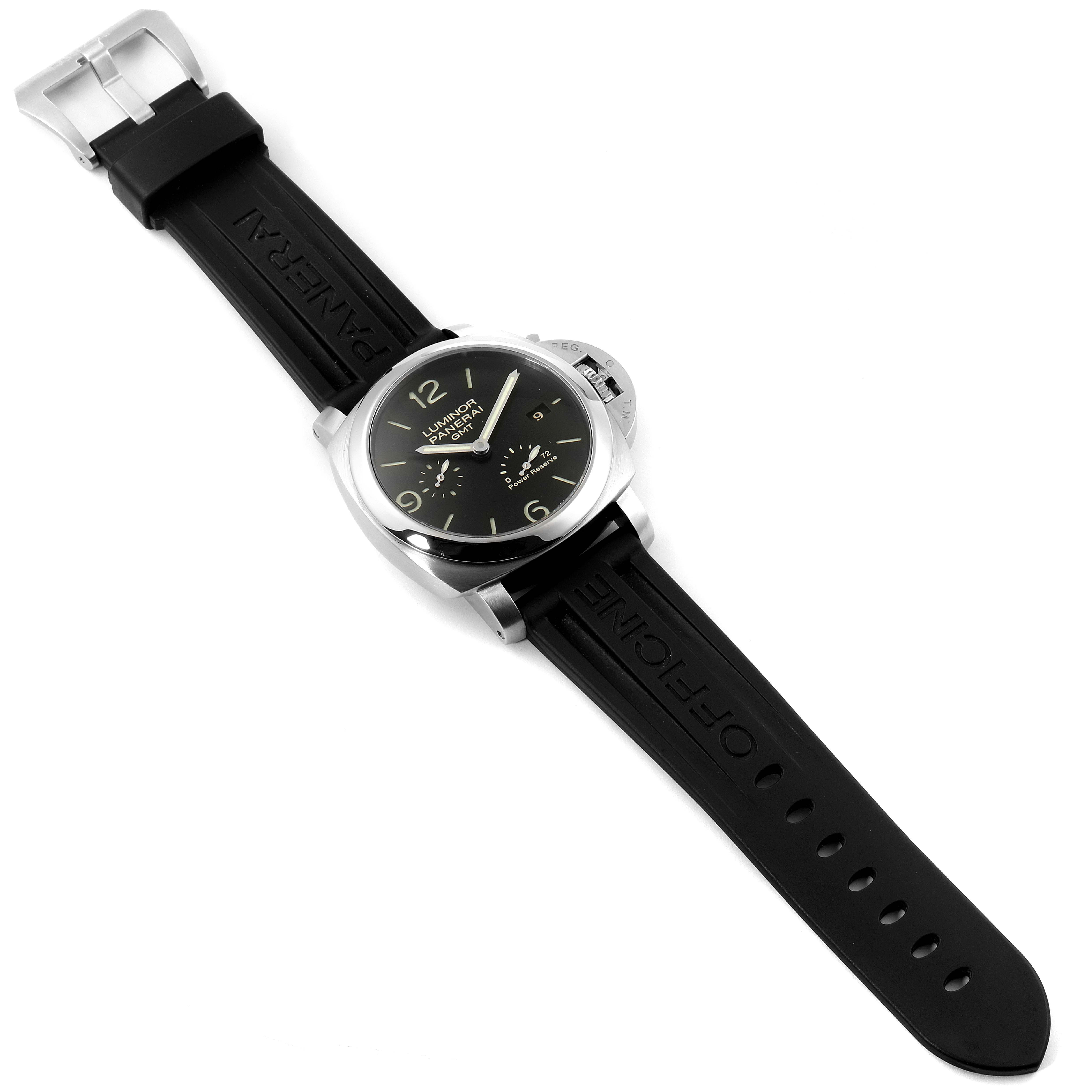 This image shows a top-down view of a Panerai Luminor PAM00321 Men's Stainless Steel Black Dial PAM00321 Men's Stainless Steel Black Dial watch, displaying the face, case, and rubber strap with a buckle.