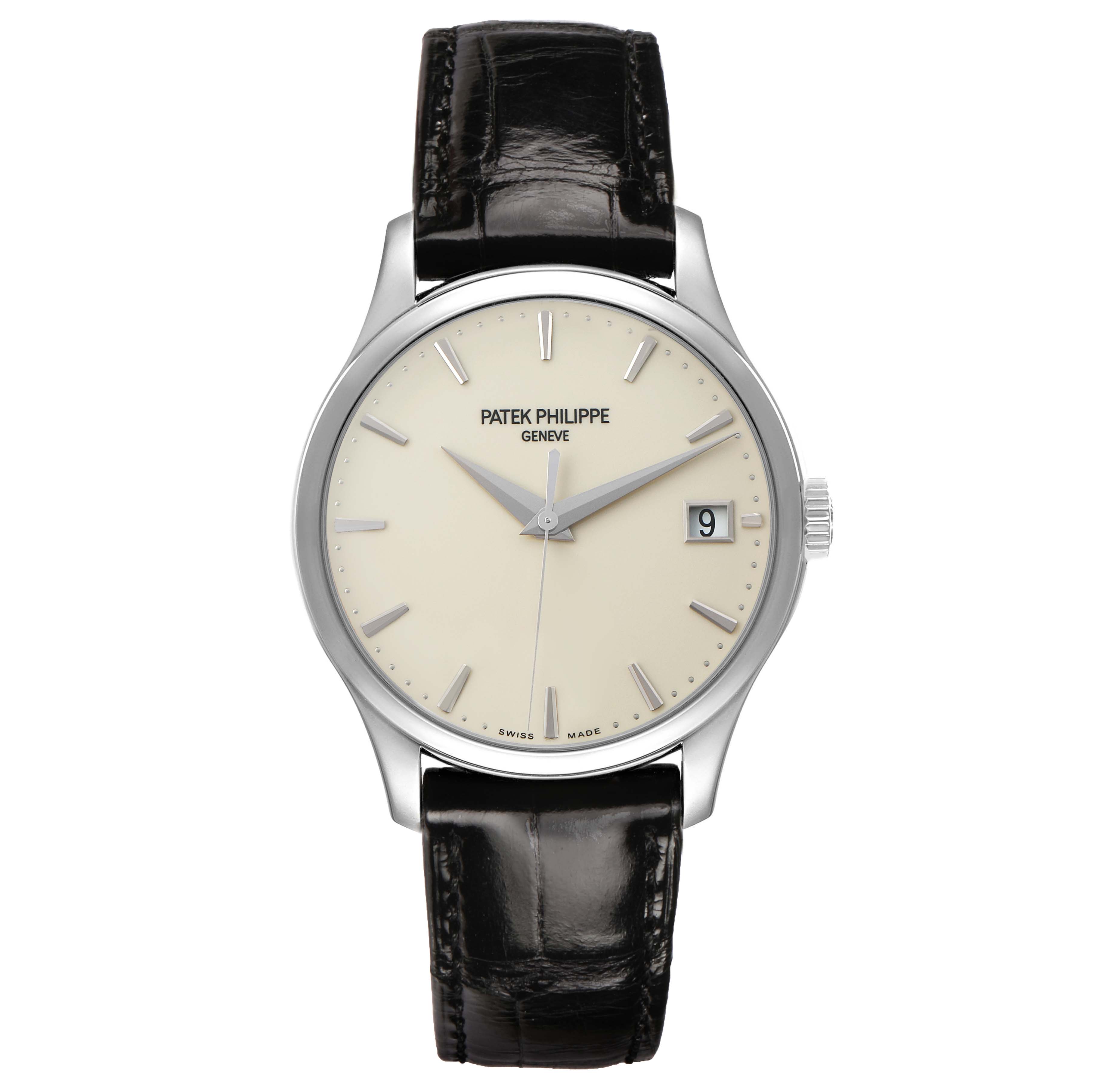 The image shows a front view of the Patek Philippe Calatrava 5227G Men's White Gold Beige Dial watch, featuring its dial, hands, date window, and leather strap.
