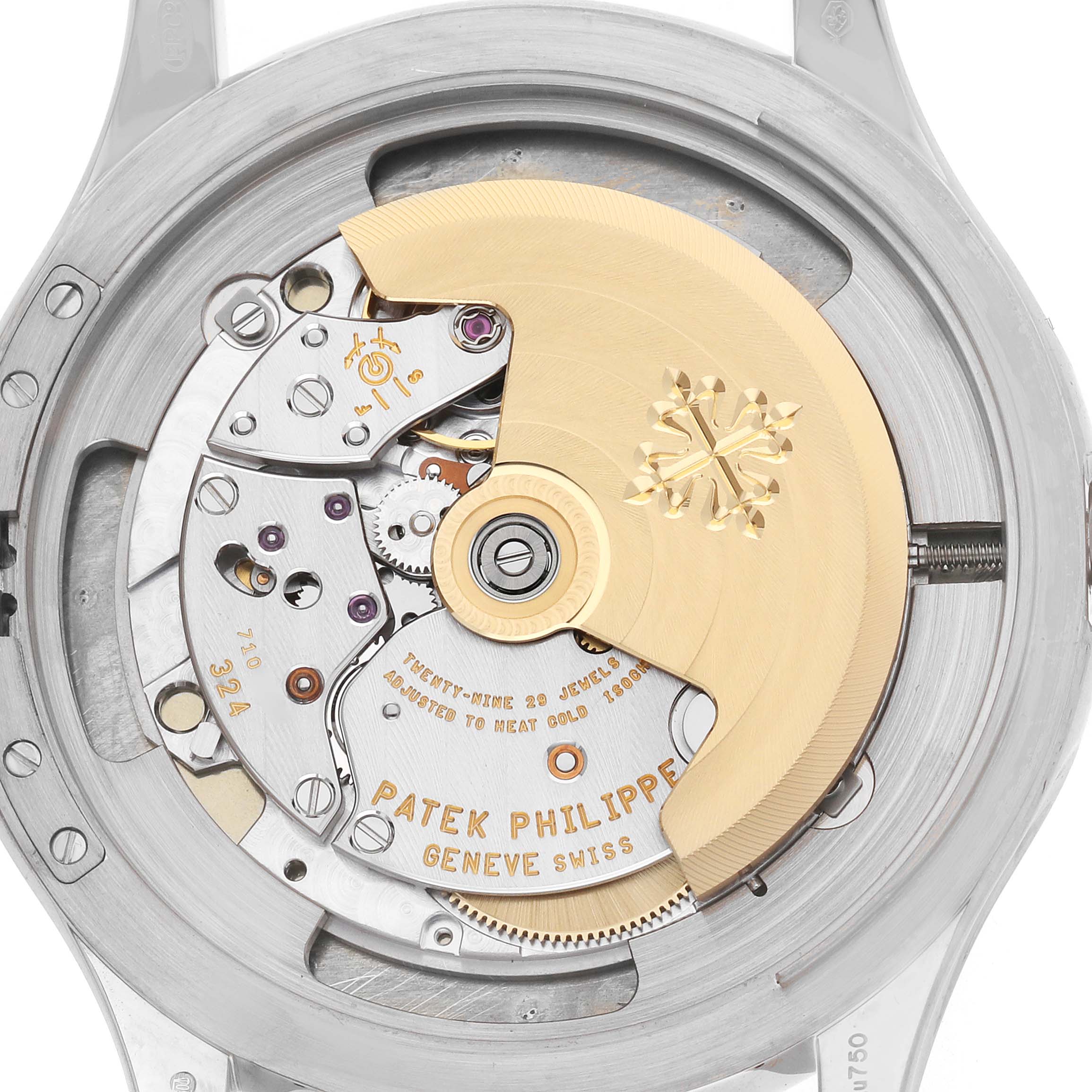 The image shows the back of a Patek Philippe Calatrava 5227G Men's White Gold Beige Dial, displaying its movement and rotor.