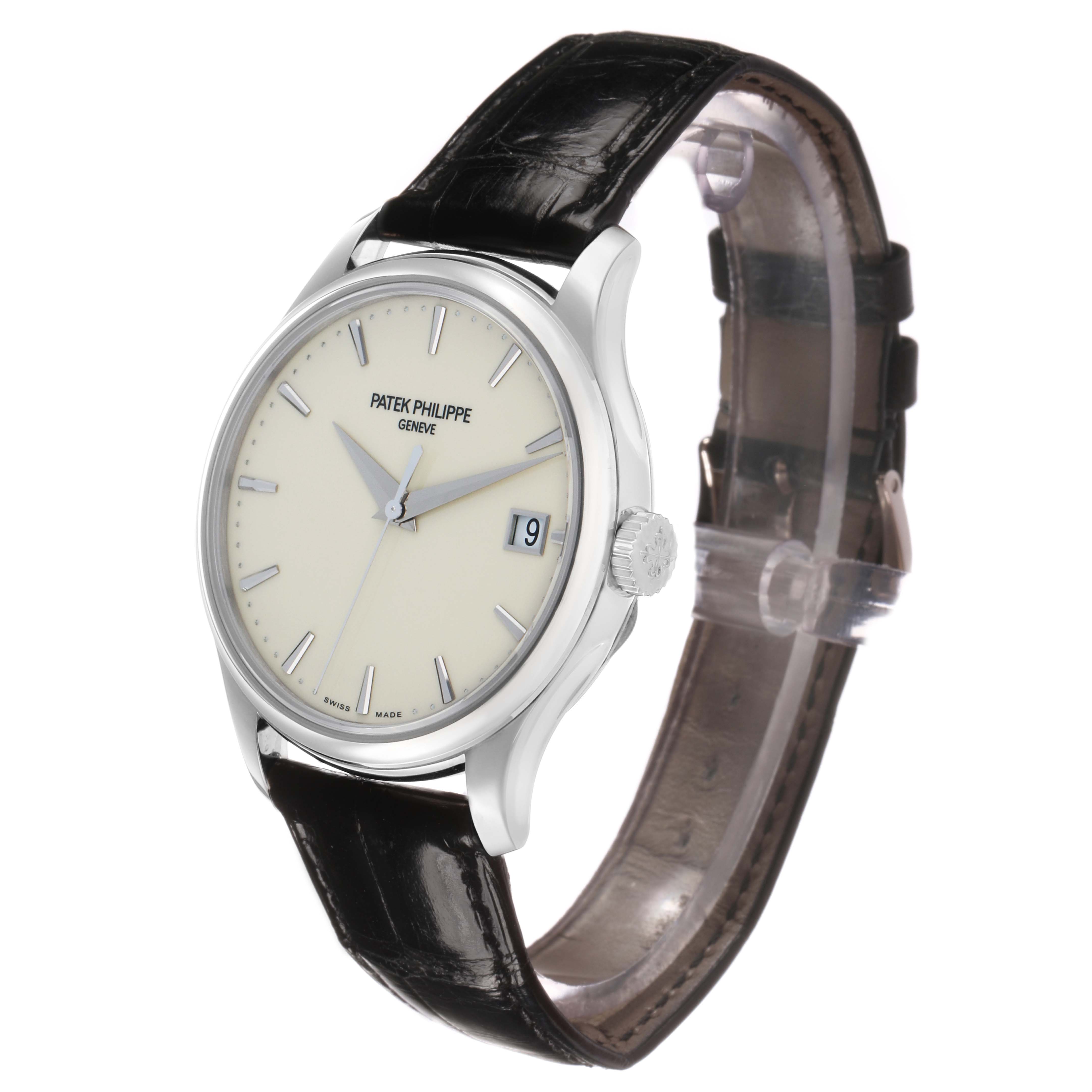The Patek Philippe Calatrava 5227G Men's White Gold Beige Dial watch is shown at a slight angle, displaying the face, crown, and leather strap.