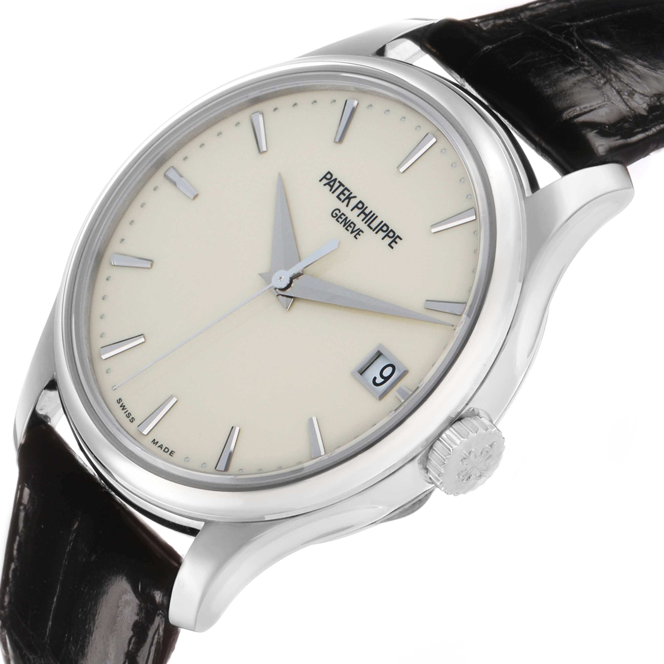The Patek Philippe Calatrava 5227G Men's White Gold Beige Dial watch is shown from a three-quarter angle, displaying its face, bezel, crown, and part of the leather strap.