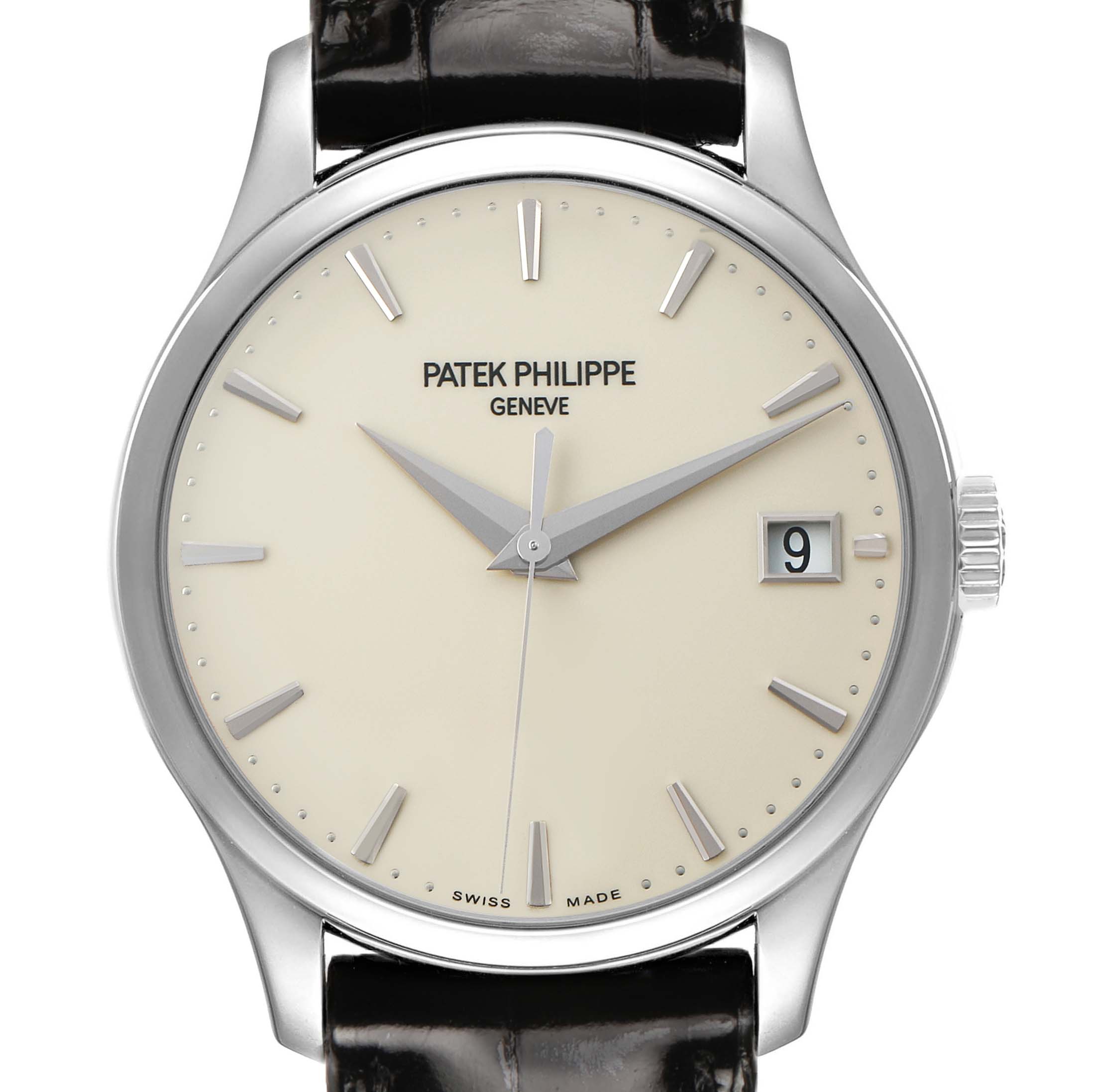 The image shows a frontal view of the Patek Philippe Calatrava 5227G Men's White Gold Beige Dial, highlighting its dial, markers, and crown.