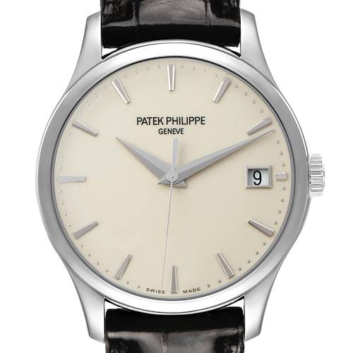 The Patek Philippe Calatrava 5227G Men's White Gold Beige Dial watch is shown from the front, highlighting its dial, hands, markers, and date window.