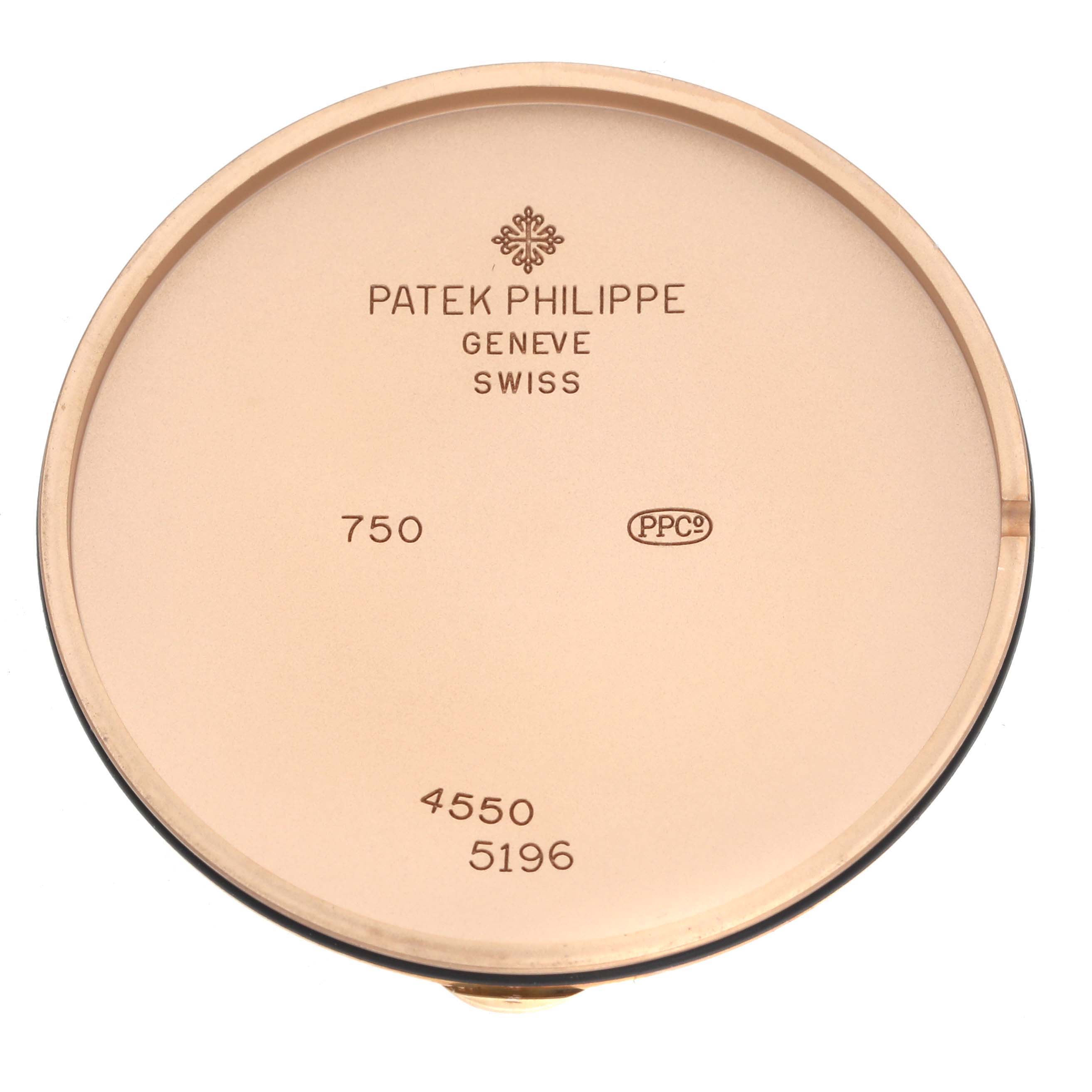 The image shows the inside case back of a Patek Philippe Calatrava 5196R-001 Men
s Rose Gold Silver Dial 5196R-001 Men
s Rose Gold Silver Dial watch, featuring brand markings and model numbers.