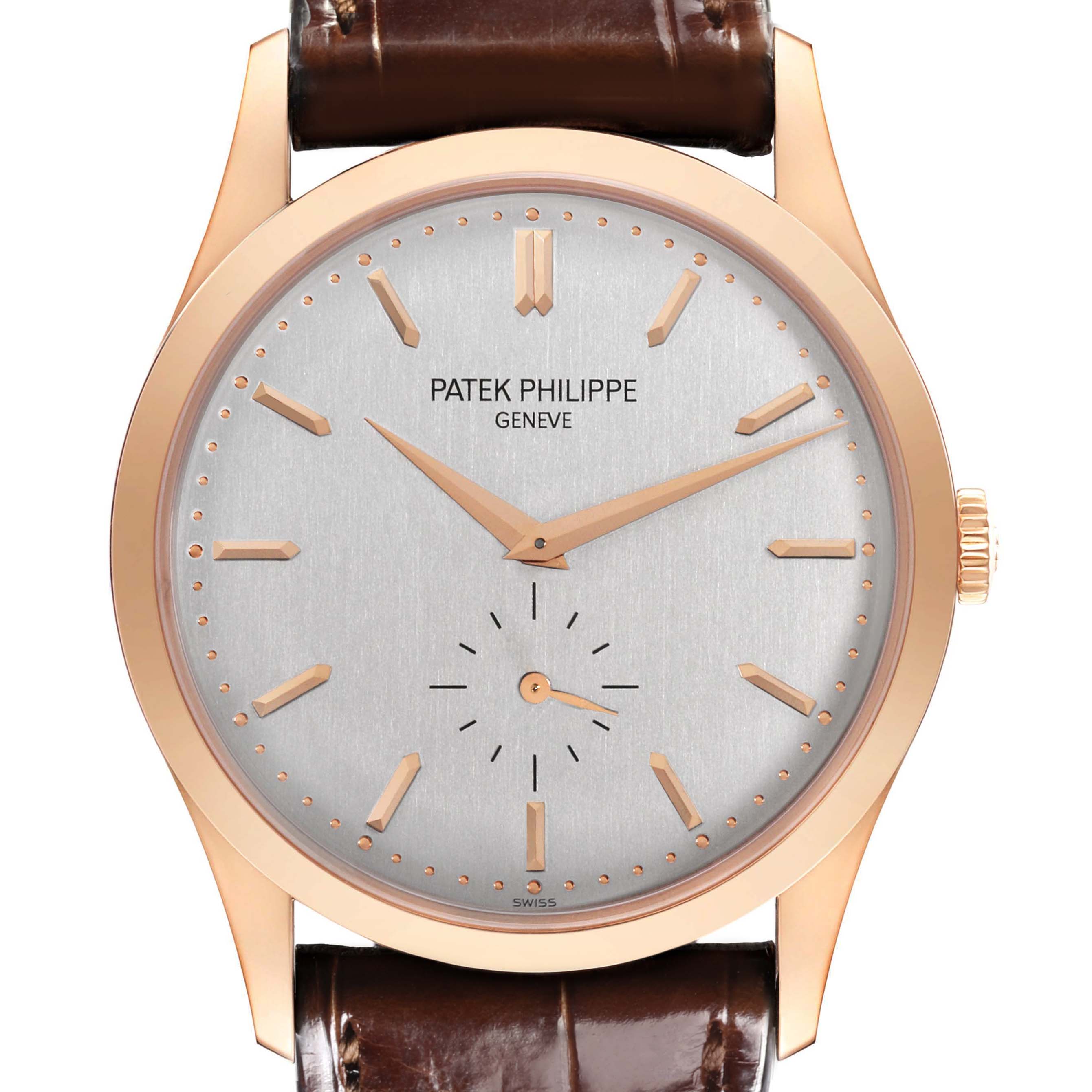The Patek Philippe Calatrava 5196R-001 Men
s Rose Gold Silver Dial 5196R-001 Men
s Rose Gold Silver Dial watch is shown from the front, displaying the dial, hands, and part of the strap.