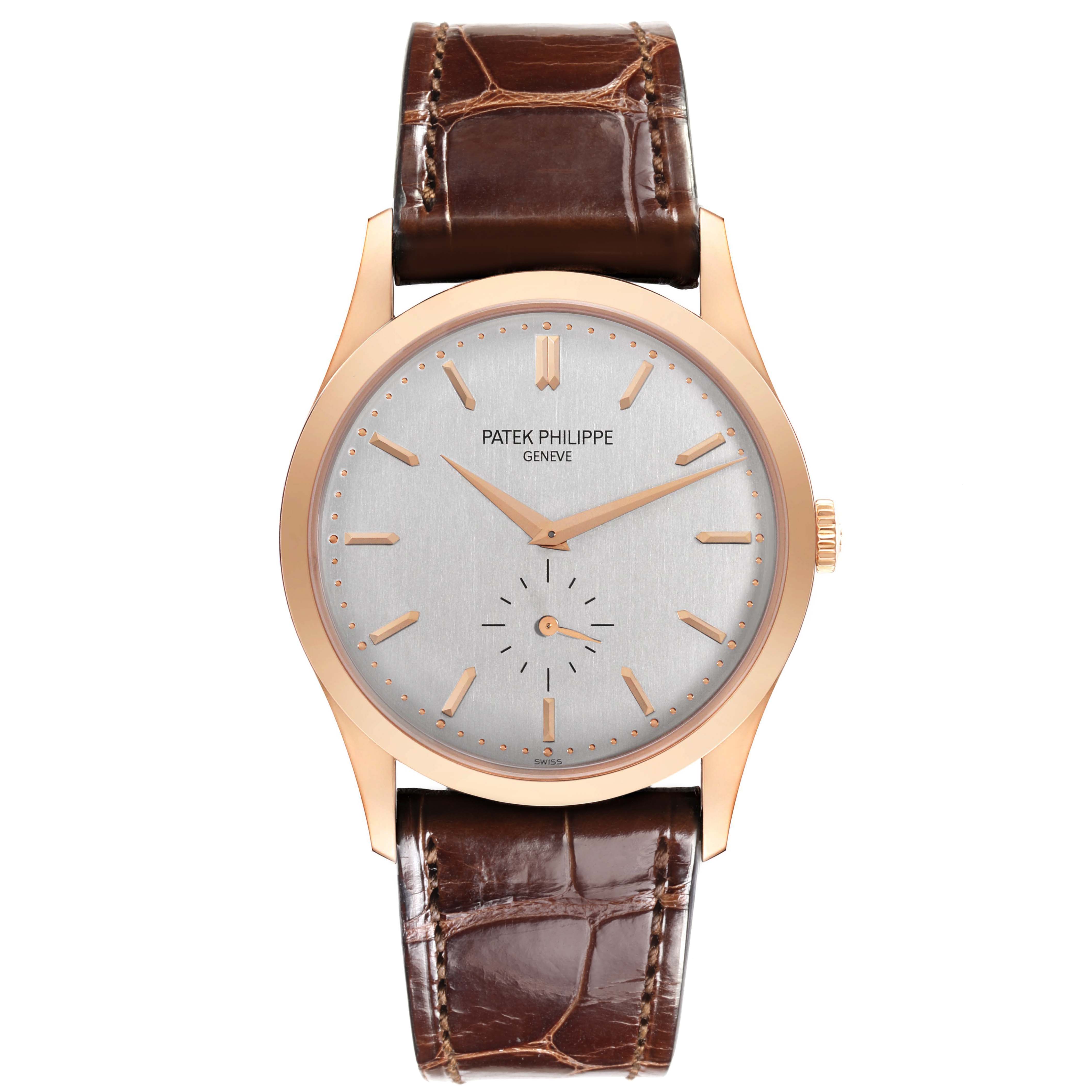 The Patek Philippe Calatrava 5196R-001 Men
s Rose Gold Silver Dial 5196R-001 Men
s Rose Gold Silver Dial watch is shown from a top view, featuring the face, hands, and leather strap.