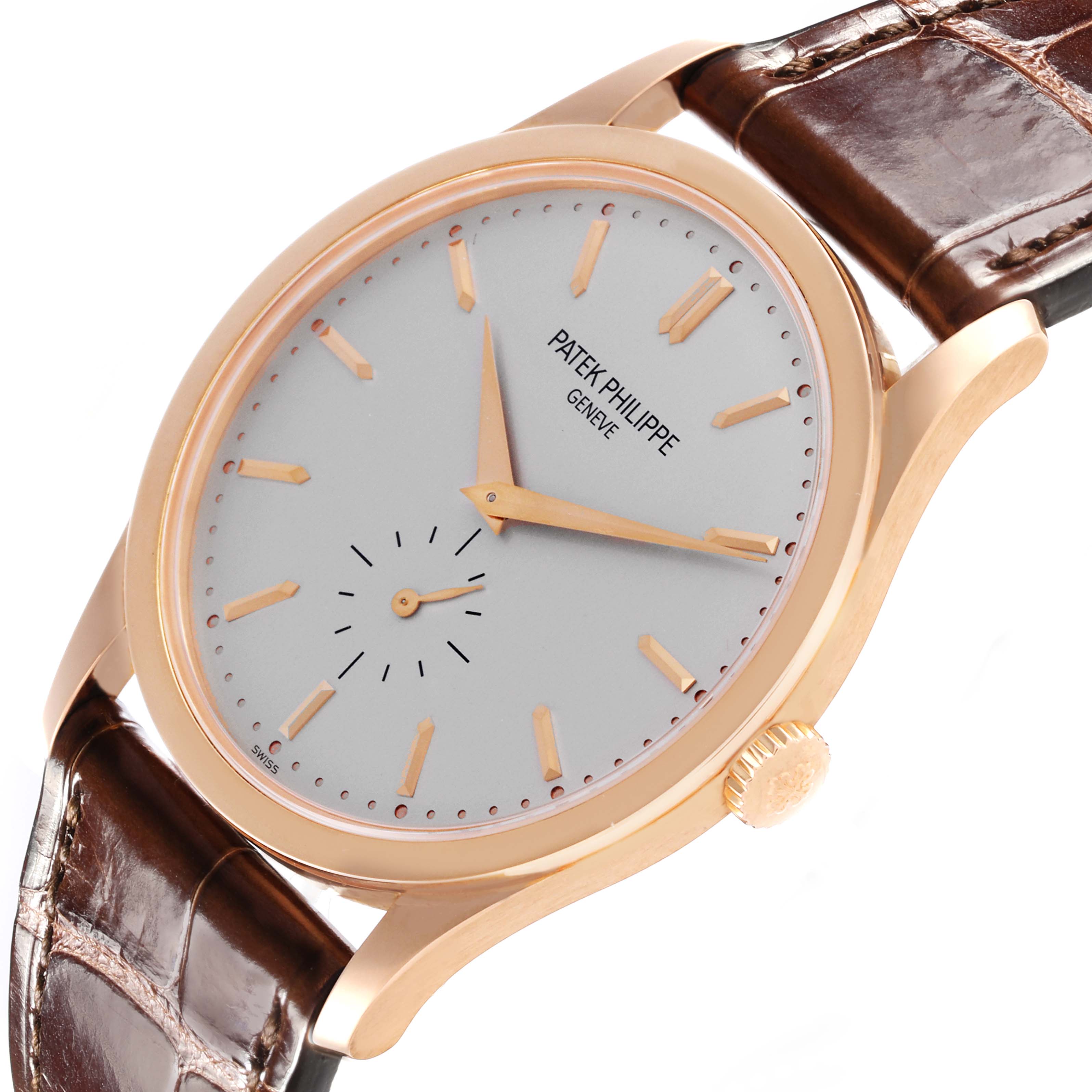 The Patek Philippe Calatrava 5196R-001 Men
s Rose Gold Silver Dial 5196R-001 Men
s Rose Gold Silver Dial watch is shown from an angled side view displaying the face, crown, and leather strap connections.