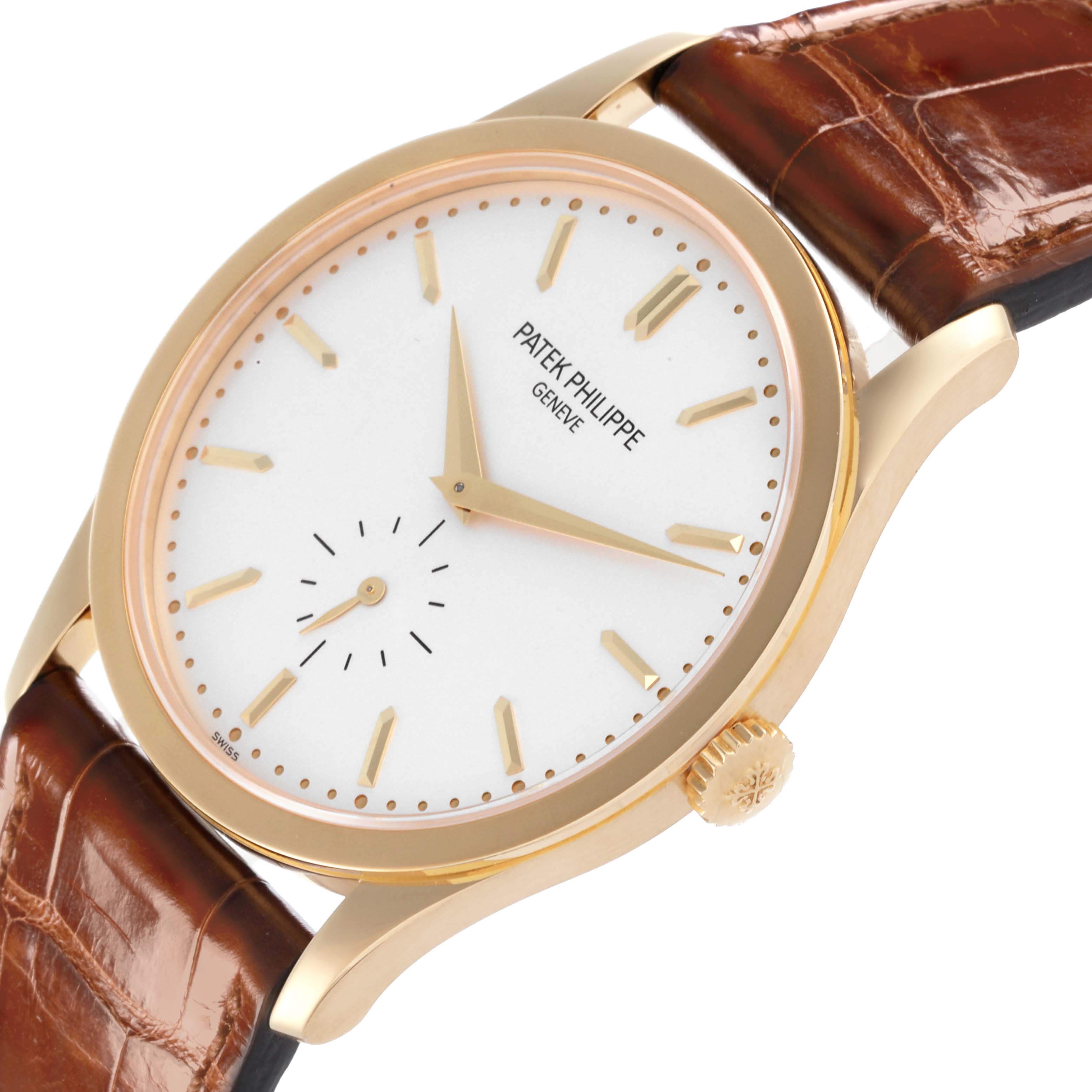 The Patek Philippe Calatrava 5196J Men's Yellow Gold Silver Dial 5196J Men's Yellow Gold Silver Dial watch is shown at a slight angle displaying the face, crown, and part of the strap.