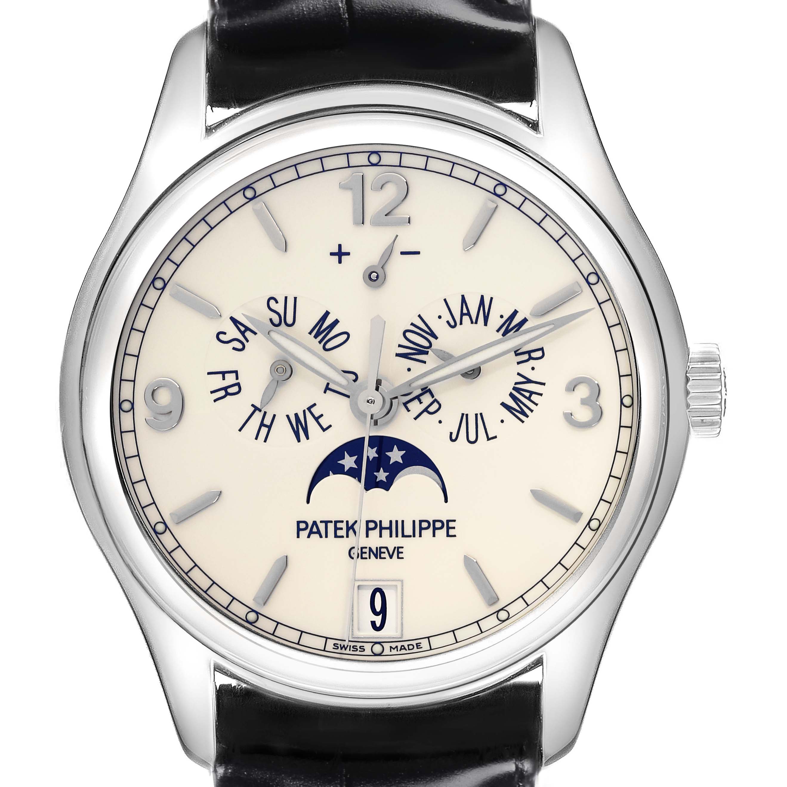 The Patek Philippe Complications 5146G Men
s White Gold White Dial 5146G Men
s White Gold White Dial watch is shown from the front, displaying the dial with calendar and moon phase features.
