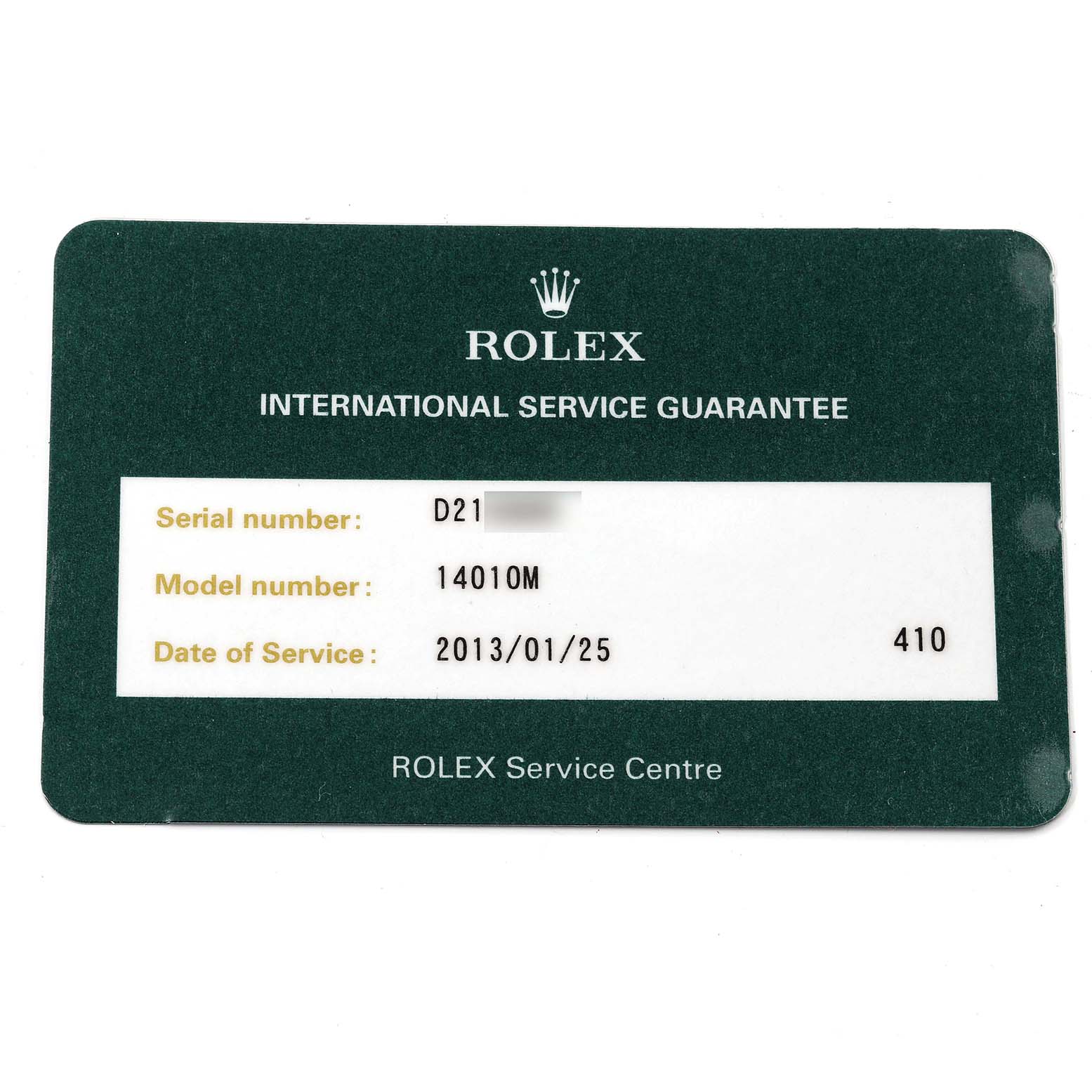 This image shows an international service guarantee card for a Rolex Air-King 14010 Men's Stainless Steel Black Dial 14010 Men's Stainless Steel Black Dial model 14010M.
