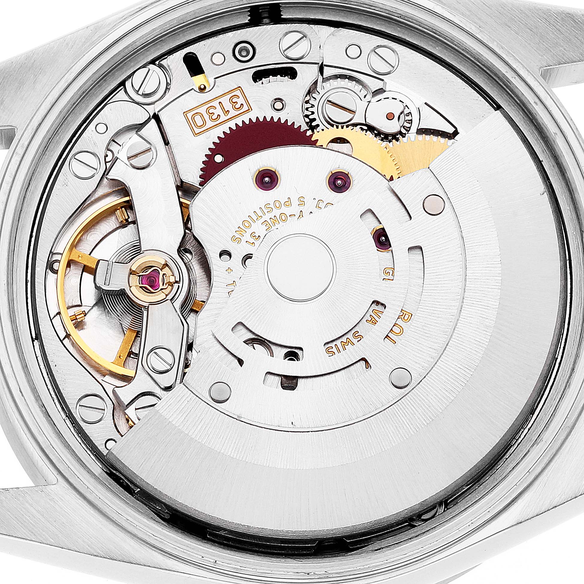 This image shows the internal mechanical parts of the Rolex Air-King 14010 Men's Stainless Steel Black Dial 14010 Men's Stainless Steel Black Dial watch viewed from the back.