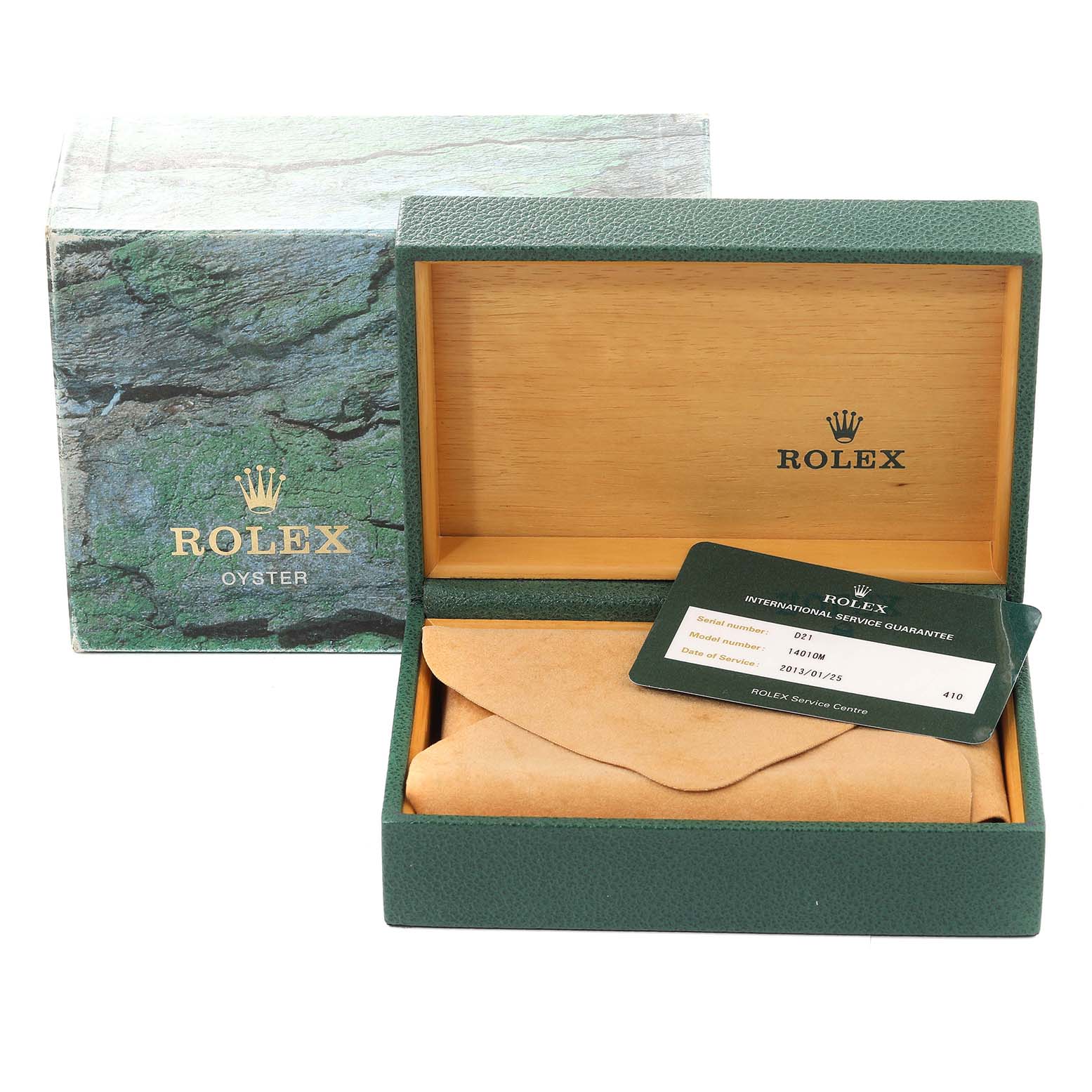 The image shows an open Rolex Air-King 14010 Men's Stainless Steel Black Dial 14010 Men's Stainless Steel Black Dial watch box with its case, certificate, and outer packaging, viewed from the front.