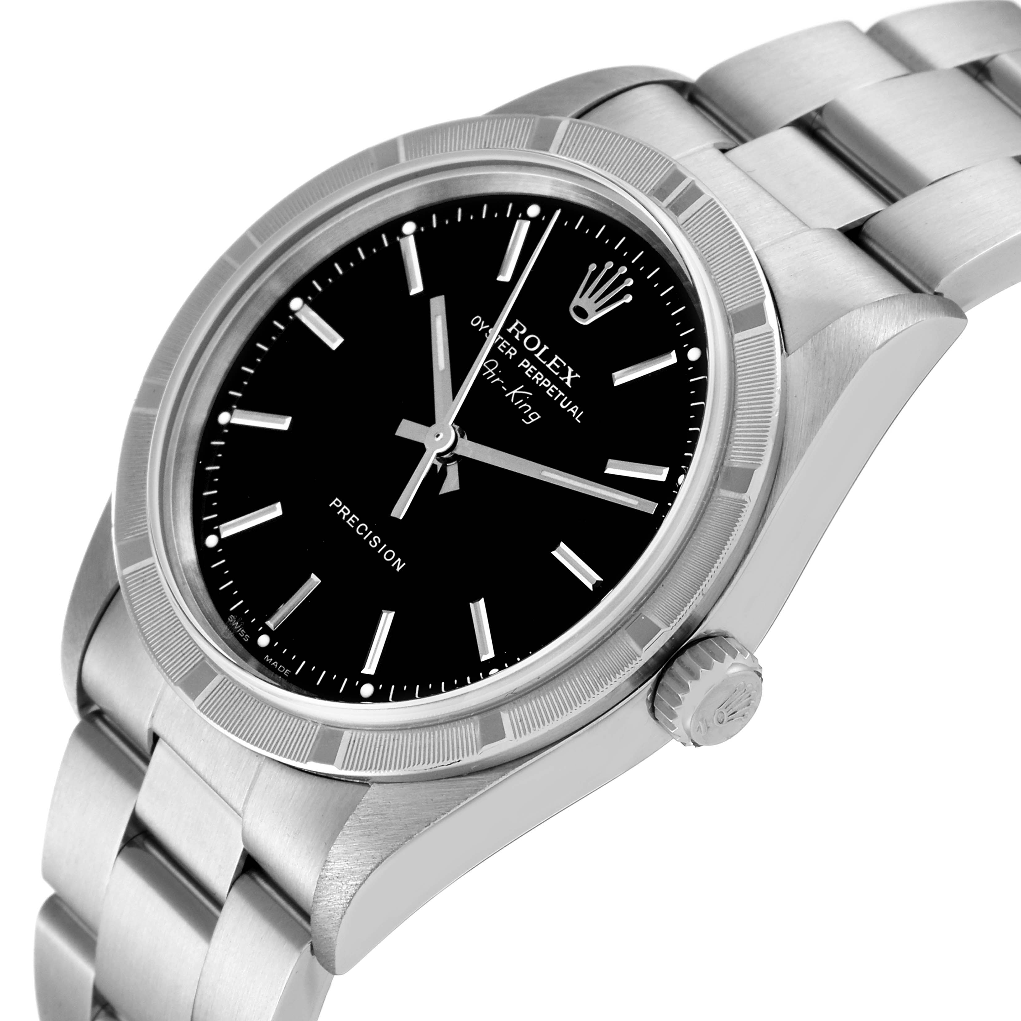 The image shows a Rolex Air-King 14010 Men's Stainless Steel Black Dial 14010 Men's Stainless Steel Black Dial watch at a slight side angle, highlighting its dial, bezel, bracelet, and crown.