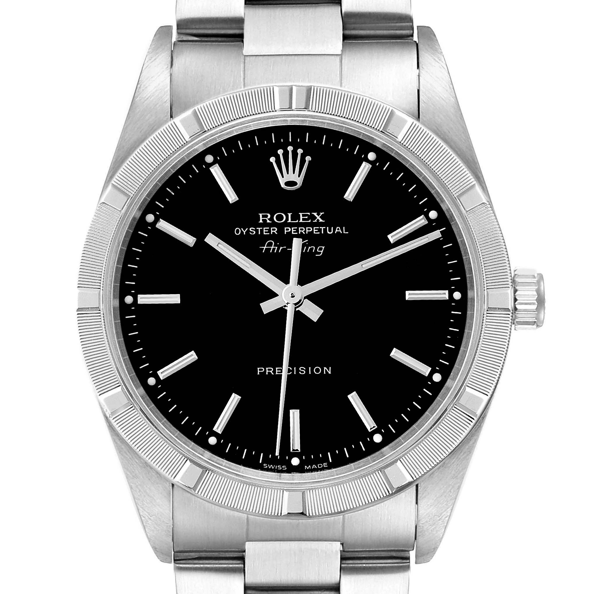 The image shows a front view of a Rolex Air-King 14010 Men's Stainless Steel Black Dial 14010 Men's Stainless Steel Black Dial watch, displaying its black dial, silver markers, bezel, and bracelet.