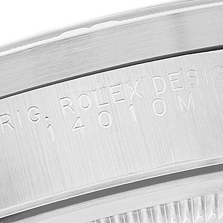 Close-up of the back casing of a Rolex Air-King 14010 Men's Stainless Steel Black Dial 14010 Men's Stainless Steel Black Dial watch, showing the engraved text and brushed metal finish.