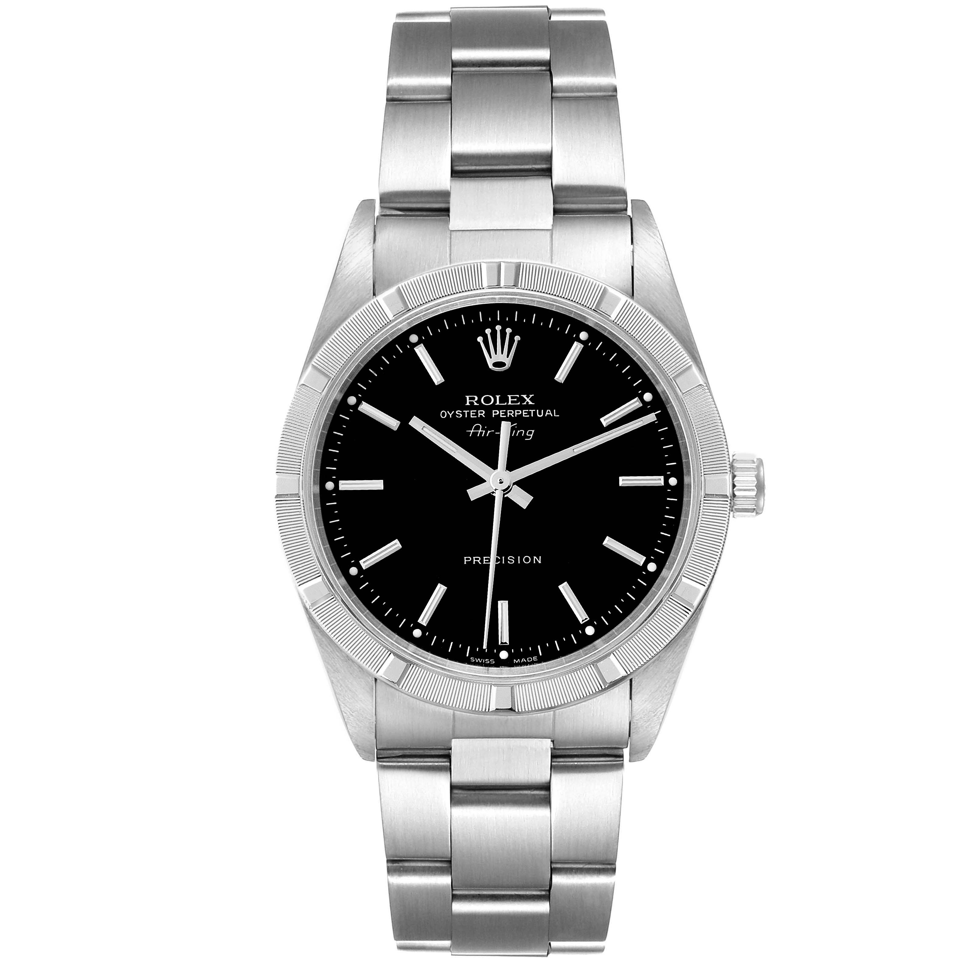 The Rolex Air-King 14010 Men's Stainless Steel Black Dial 14010 Men's Stainless Steel Black Dial watch is shown from a front angle, highlighting its black dial, stainless steel bezel and bracelet.