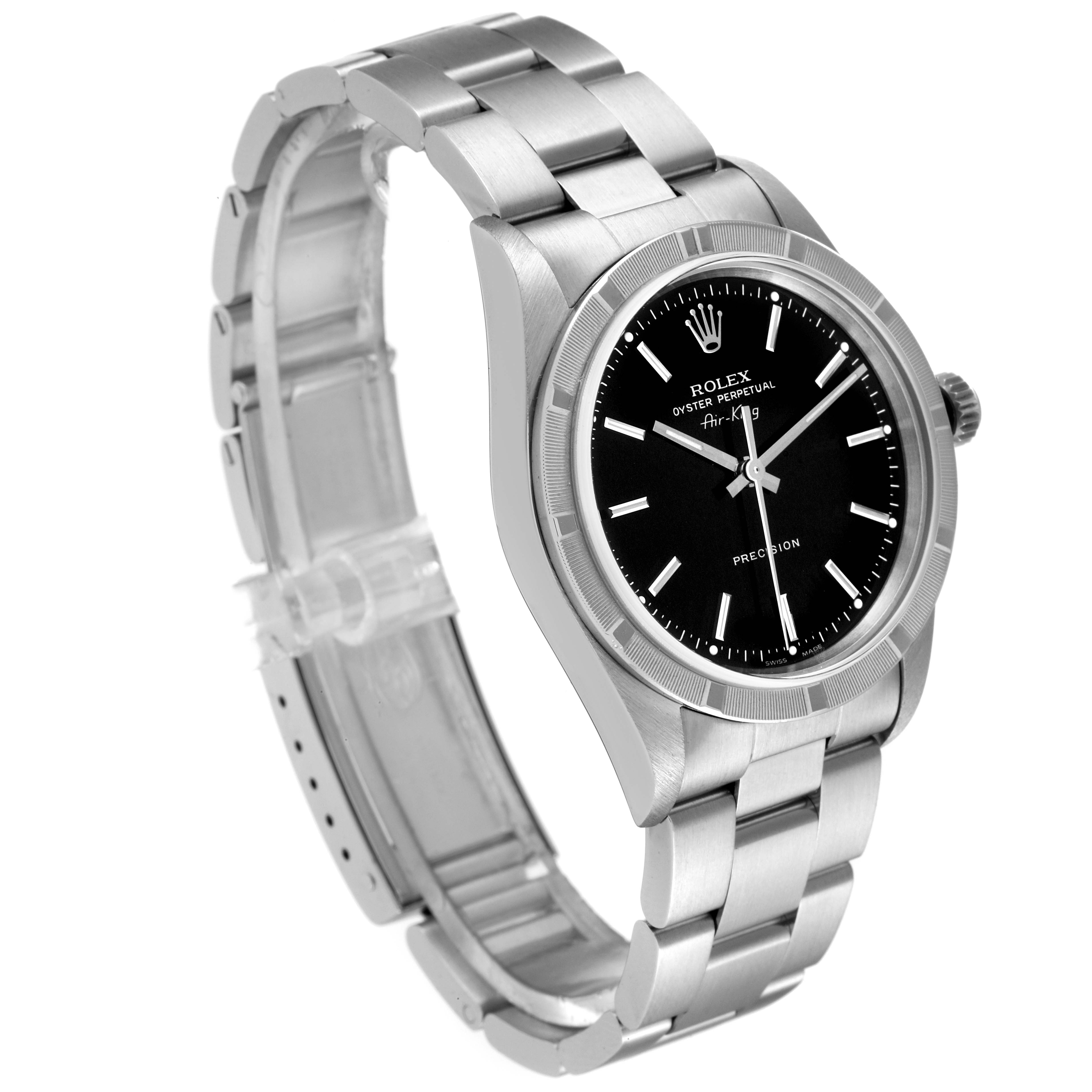 The image shows a stainless steel Rolex Air-King 14010 Men's Stainless Steel Black Dial 14010 Men's Stainless Steel Black Dial watch from an angled perspective, highlighting its black dial and bracelet.