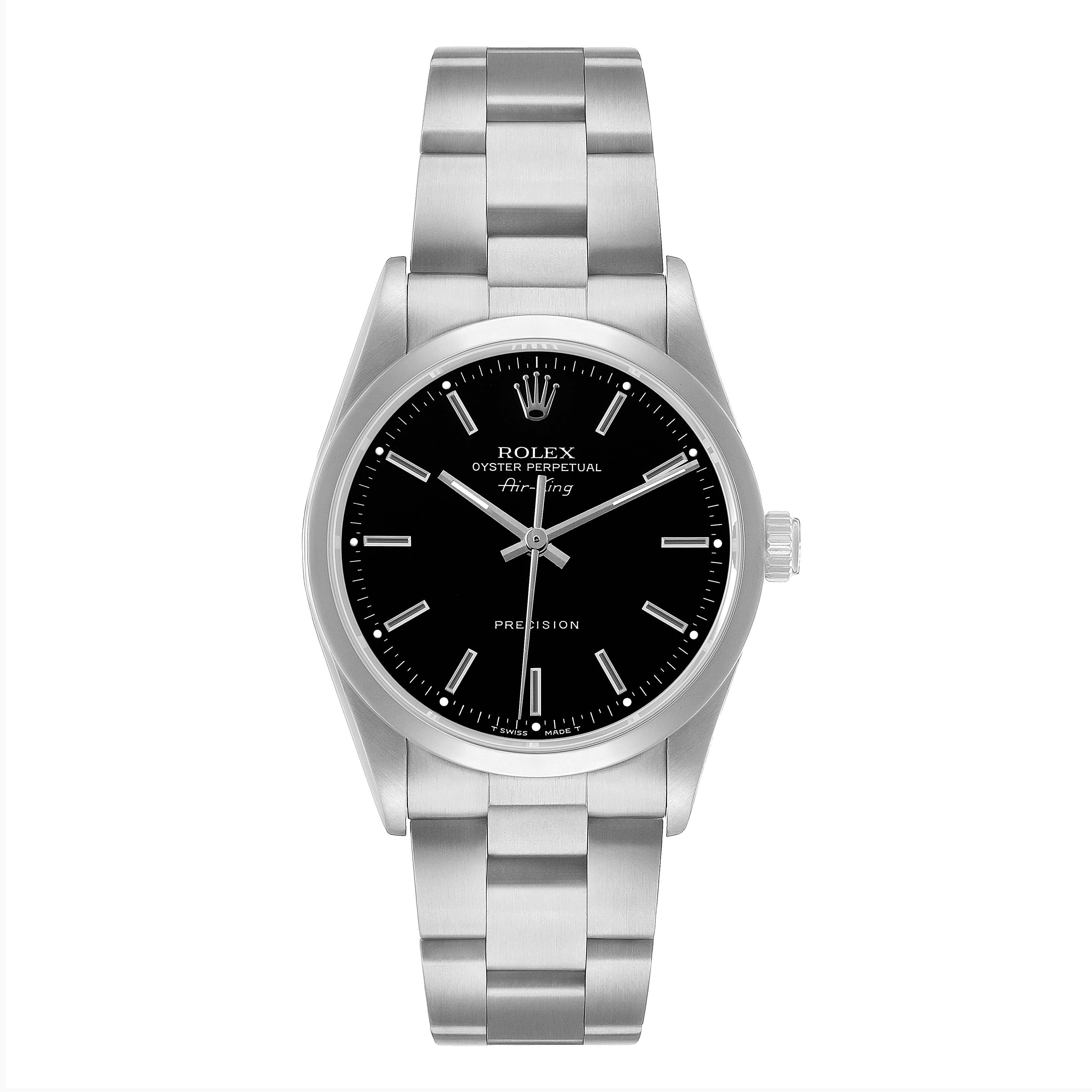 The Rolex Air-King 14000 Men's Stainless Steel Black Dial watch is shown from a front view, displaying the face, bezel, crown, and full bracelet.