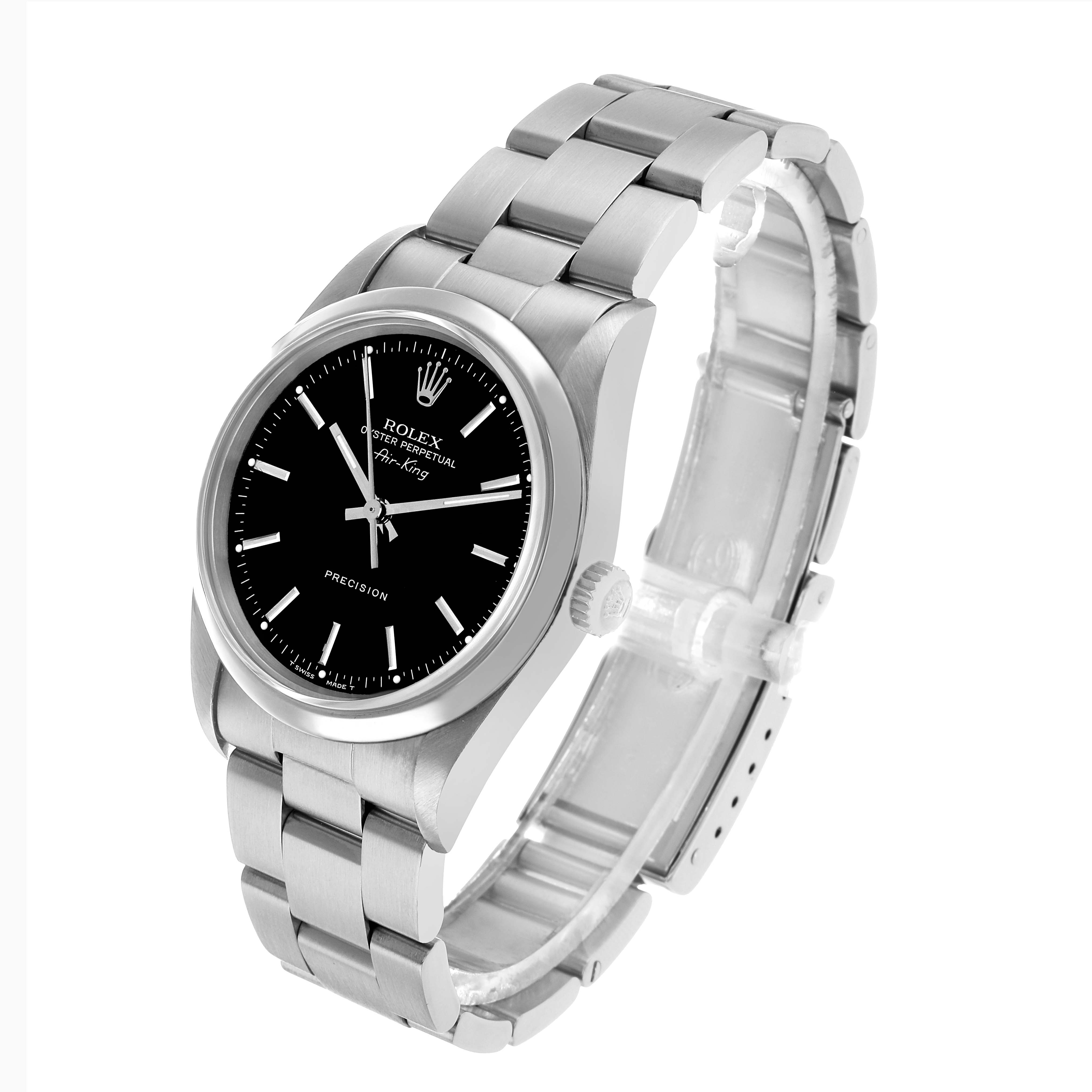 The Rolex Air-King 14000 Men's Stainless Steel Black Dial watch is shown at an angled side view, displaying its dial, bezel, case, crown, and bracelet.