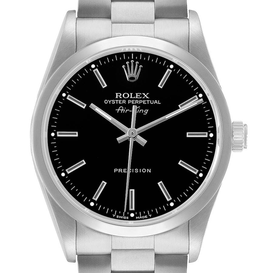 The image shows a front view of the Rolex Air-King 14000 Men's Stainless Steel Black Dial watch, displaying the dial, hour markers, hands, and part of the bracelet.
