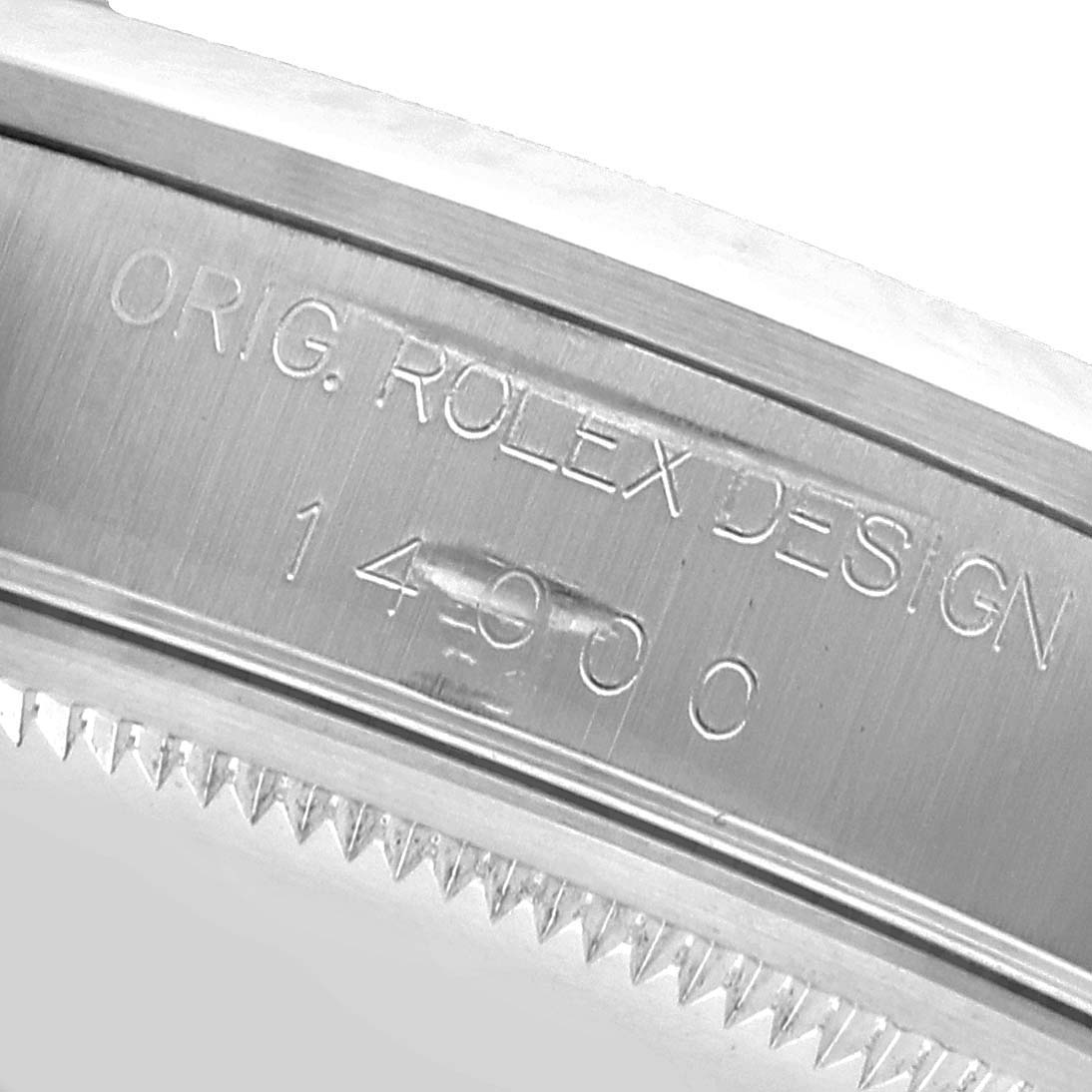 The image shows an engraved side view of the Rolex Air-King 14000 Men's Stainless Steel Black Dial watch case, highlighting its model number and bezel edge.