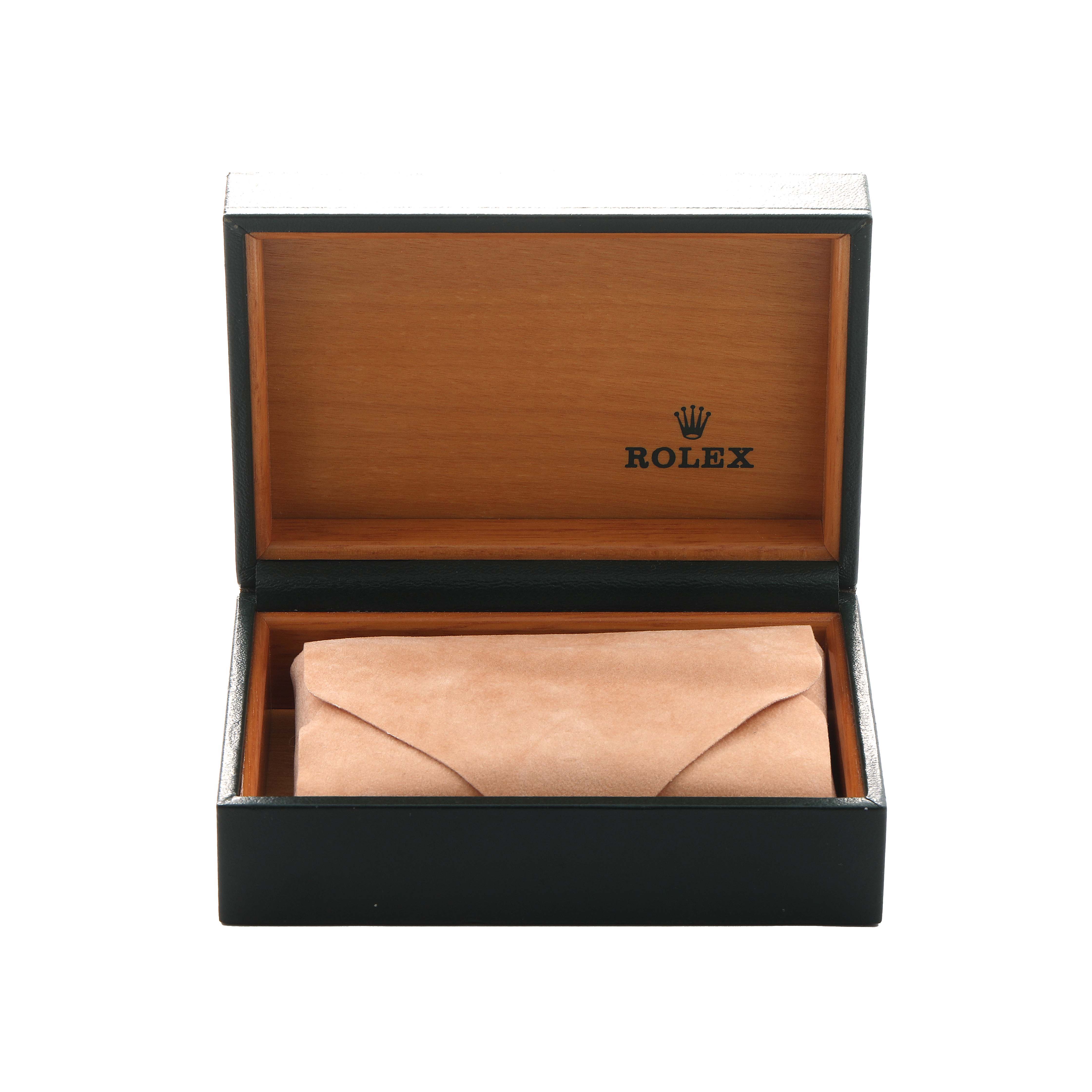 The image shows the open box of a Rolex Air-King 14000 Men's Stainless Steel Black Dial, revealing a suede pouch inside.