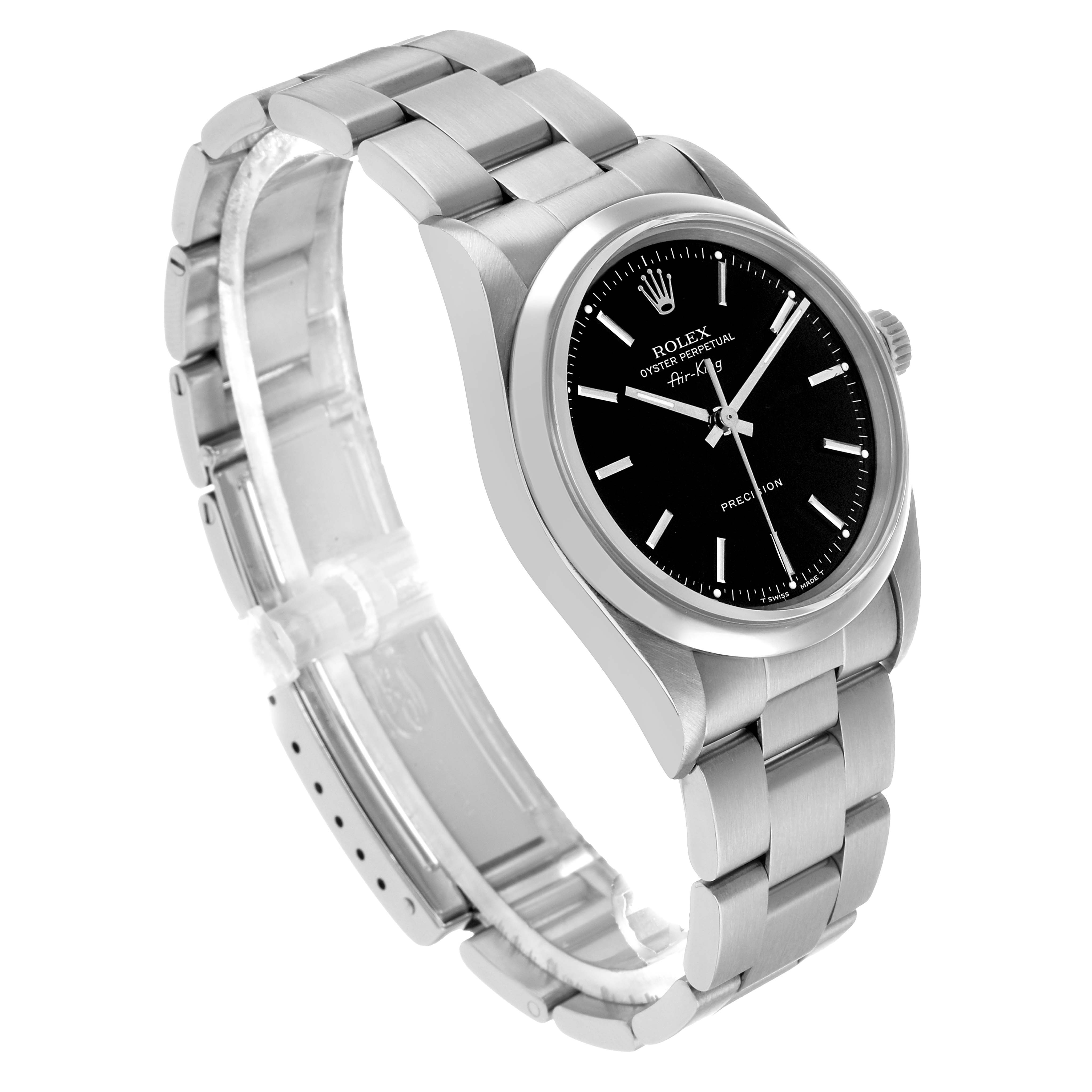 The Rolex Air-King 14000 Men's Stainless Steel Black Dial watch is shown at a three-quarter angle, highlighting the face, case, and stainless steel bracelet.