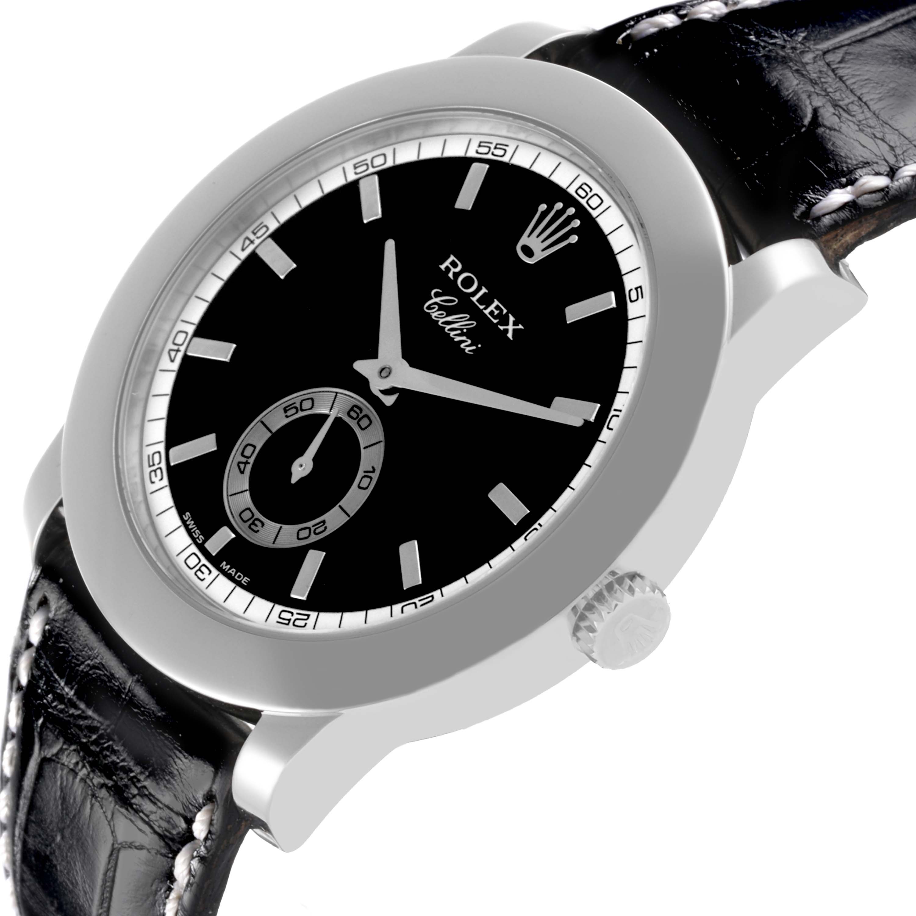 The Rolex Cellini 5241/6 Men's Platinum Black Dial 5241/6 Men's Platinum Black Dial watch is shown at an angled close-up, highlighting the face, bezel, crown, and leather strap.