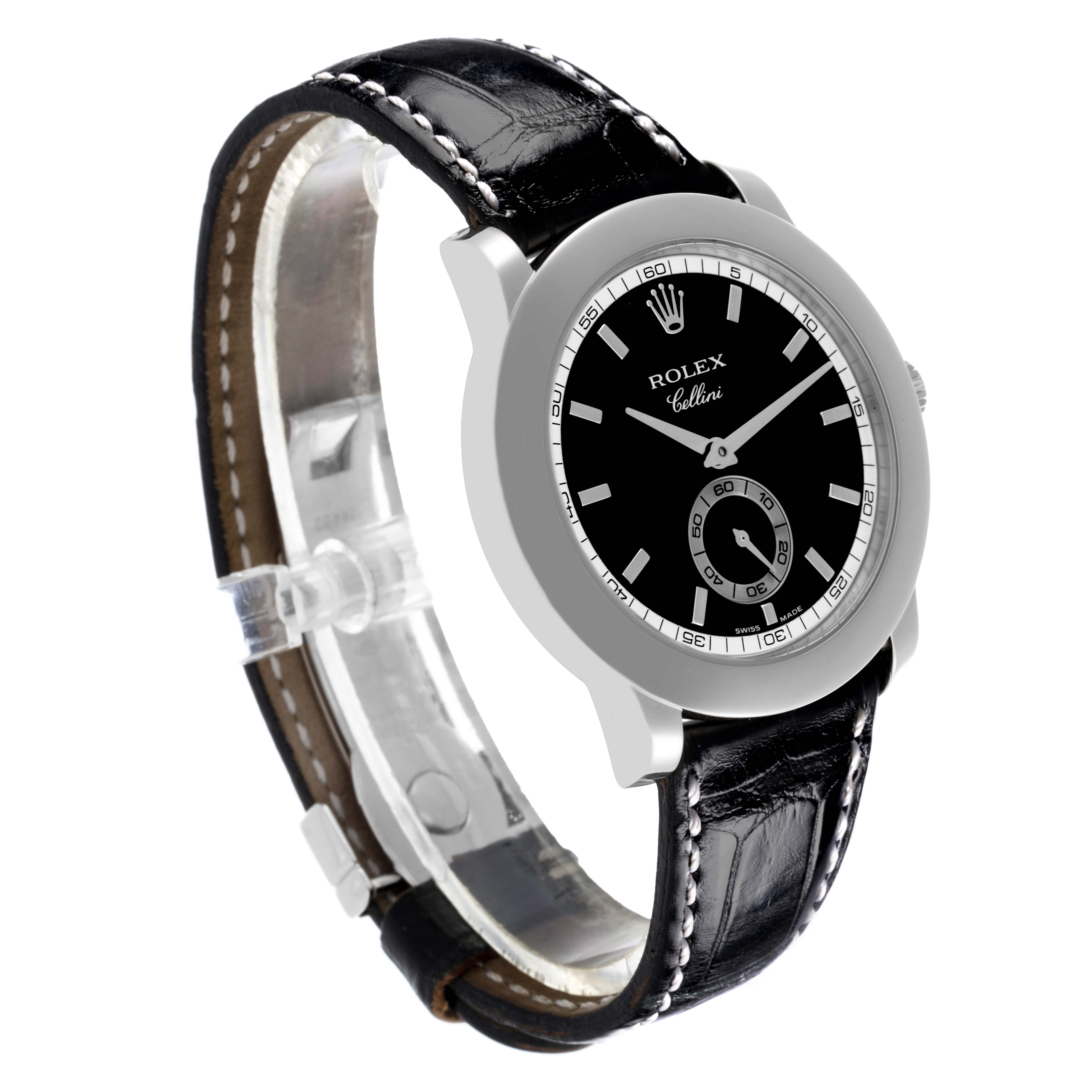 The Rolex Cellini 5241/6 Men's Platinum Black Dial 5241/6 Men's Platinum Black Dial watch is shown at a slight angle, highlighting the black dial, leather strap, and silver case.