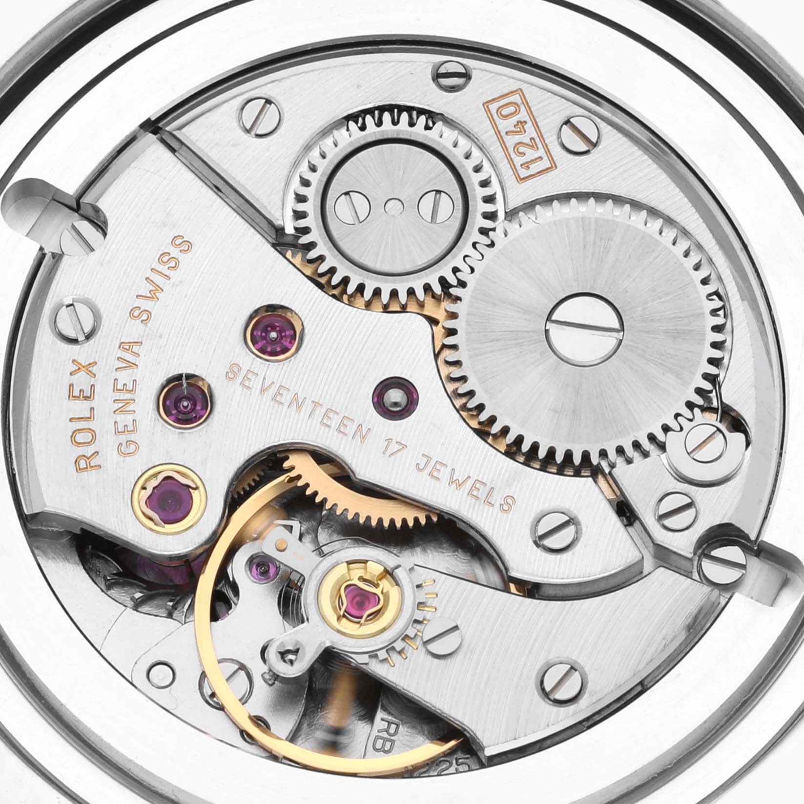 The image shows the movement of the Rolex Cellini 5241/6 Men's Platinum Black Dial 5241/6 Men's Platinum Black Dial watch, highlighting gears and jewels from a top-down angle.