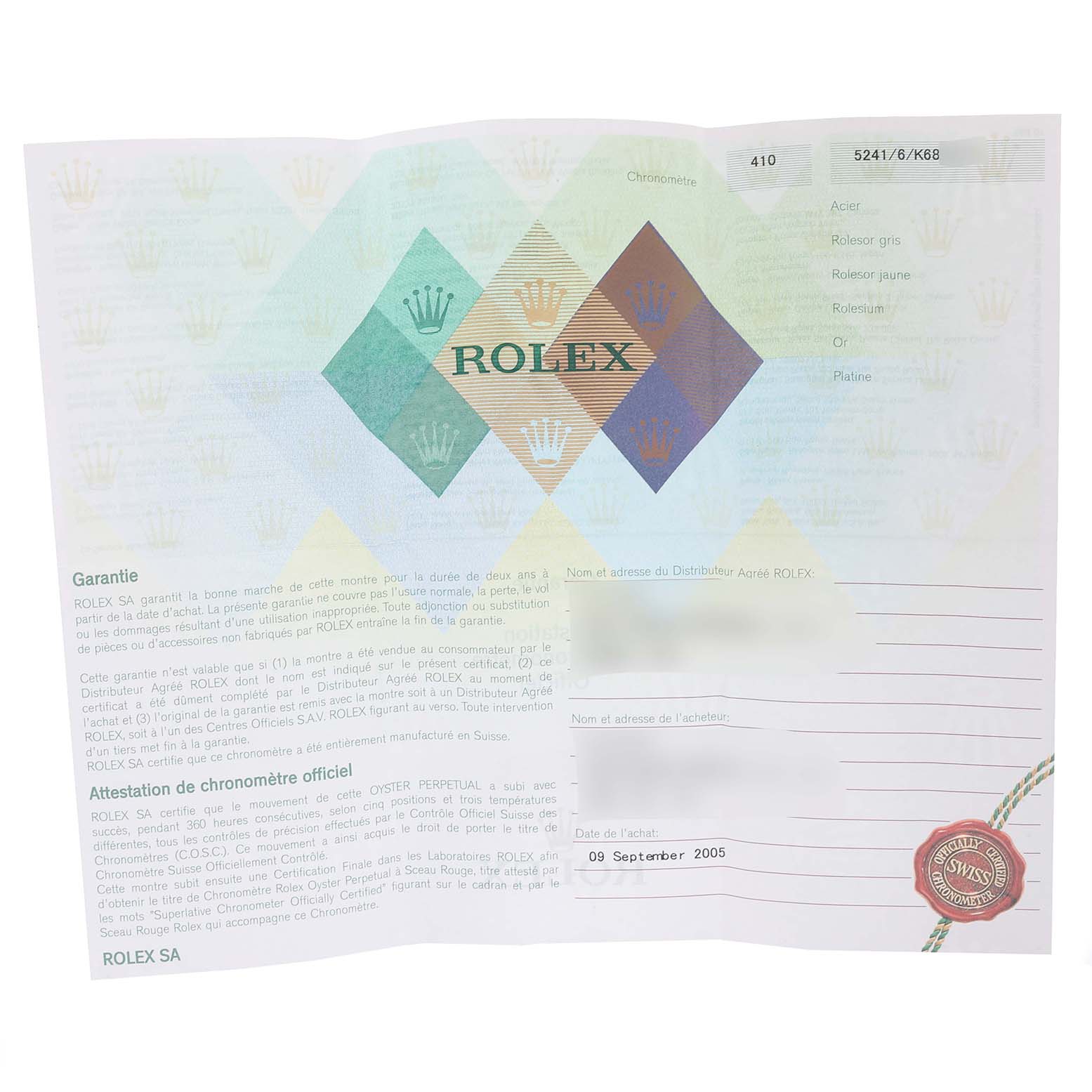 The image shows the warranty and documentation for a Rolex Cellini 5241/6 Men's Platinum Black Dial 5241/6 Men's Platinum Black Dial watch.