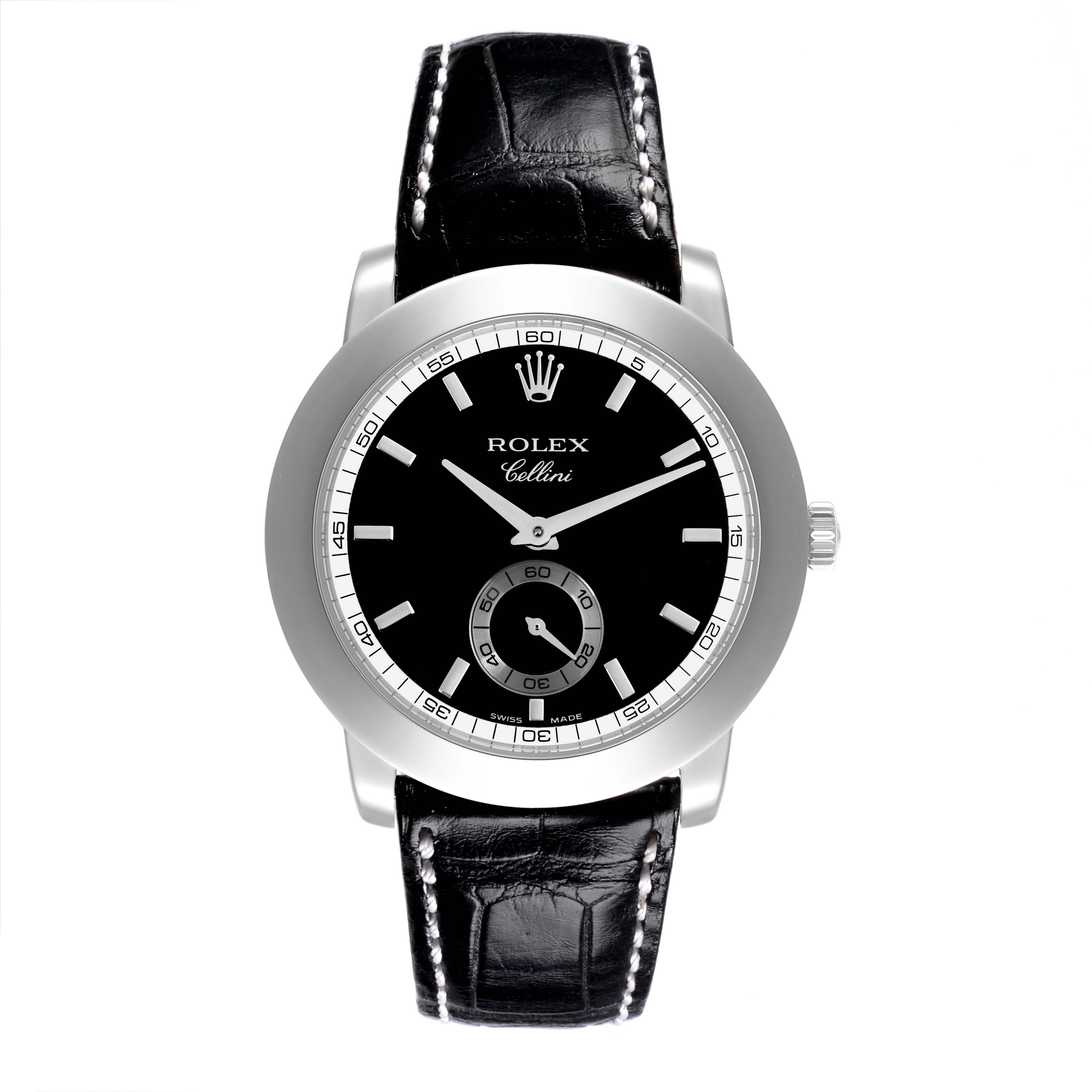 The Rolex Cellini 5241/6 Men's Platinum Black Dial 5241/6 Men's Platinum Black Dial watch is shown from the front, displaying the entire face, bezel, hands, strap, and crown.