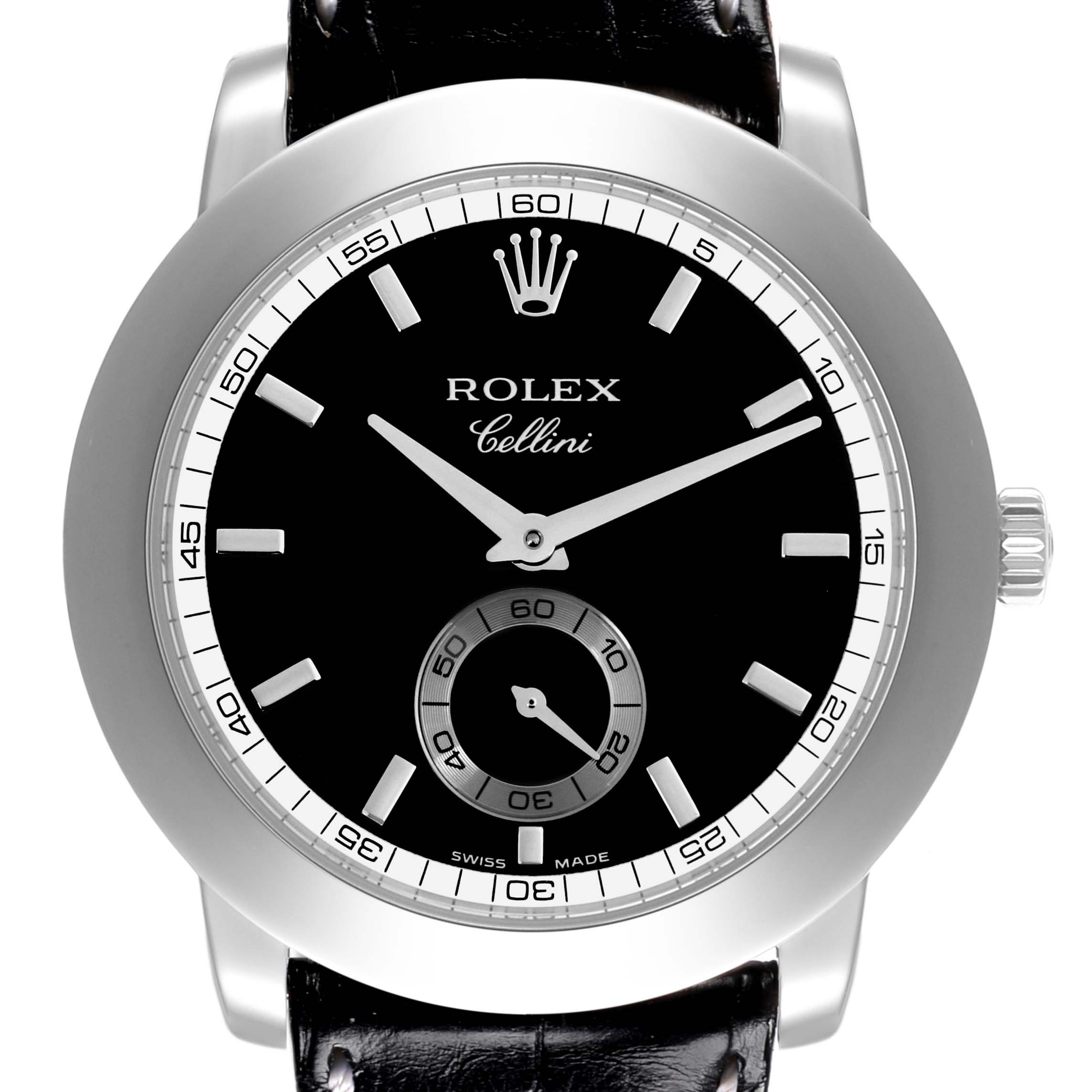 The Rolex Cellini 5241/6 Men's Platinum Black Dial 5241/6 Men's Platinum Black Dial watch is shown from a front angle, displaying the black dial, subdial, silver hands, and bezel.