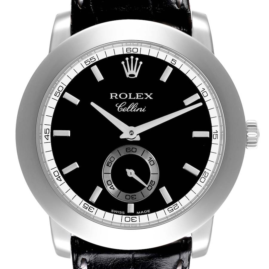 The Rolex Cellini watch is shown from a front angle, displaying the black dial, subdial, silver hands, and bezel.