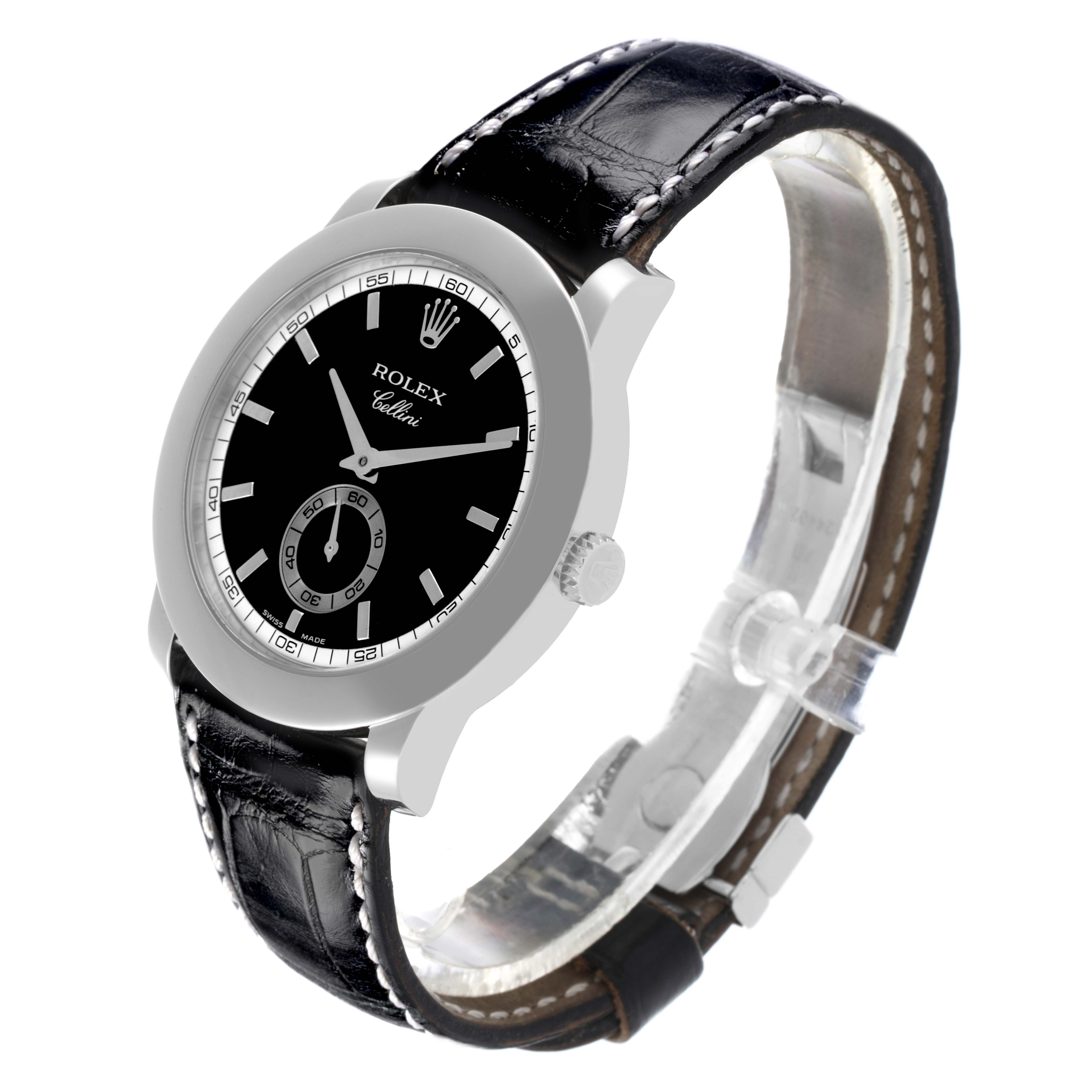 The Rolex Cellini 5241/6 Men's Platinum Black Dial 5241/6 Men's Platinum Black Dial watch is shown at an angled side view, displaying the black dial, crown, and black leather strap.