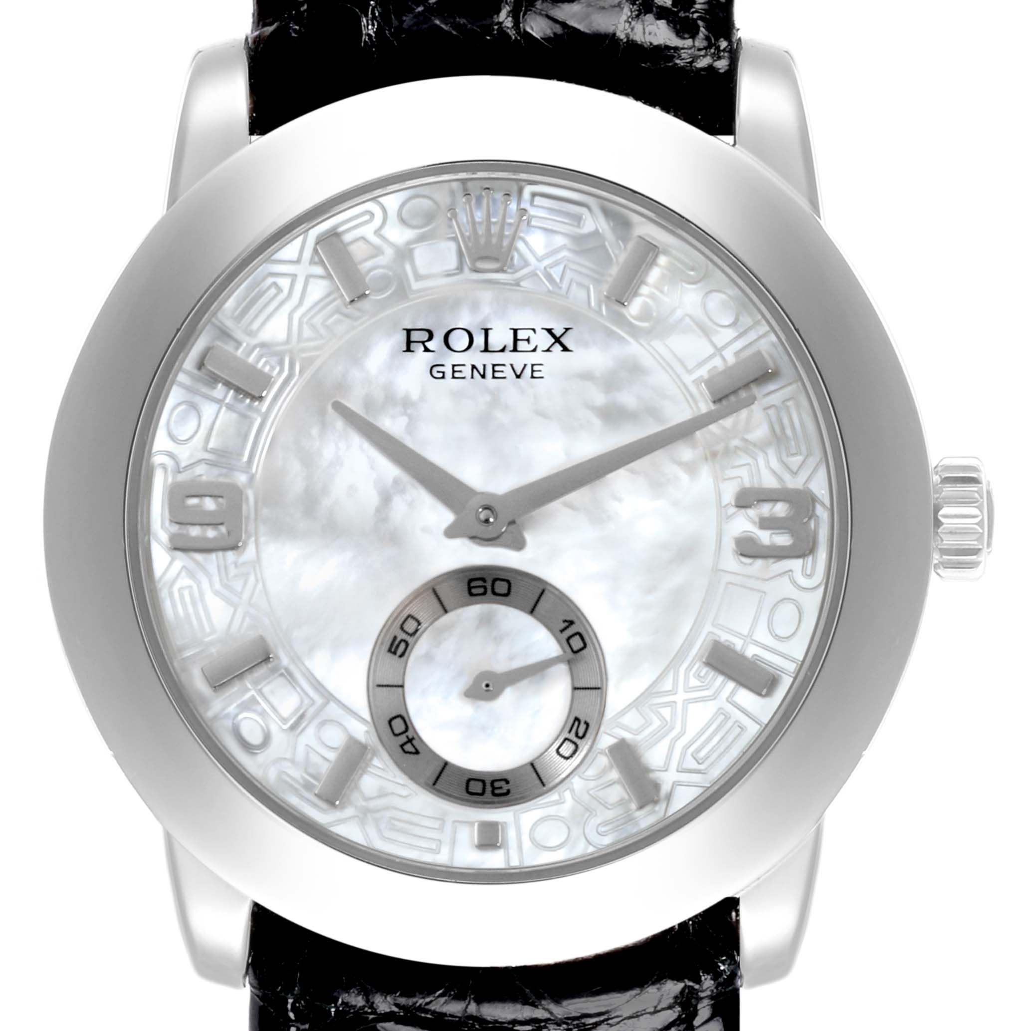 The image shows a front view of the Rolex Cellini 5240/6 Men's Platinum Mother of Pearl Dial 5240/6 Men's Platinum Mother of Pearl Dial watch, displaying its dial, hands, and crown.